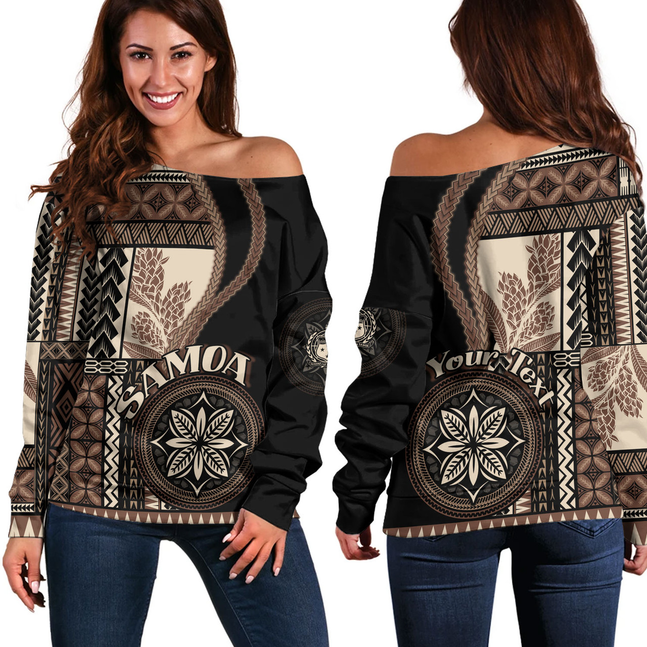 Samoa Off Shoulder Sweatshirt Custom Samoan Siapo Motif Classic Style