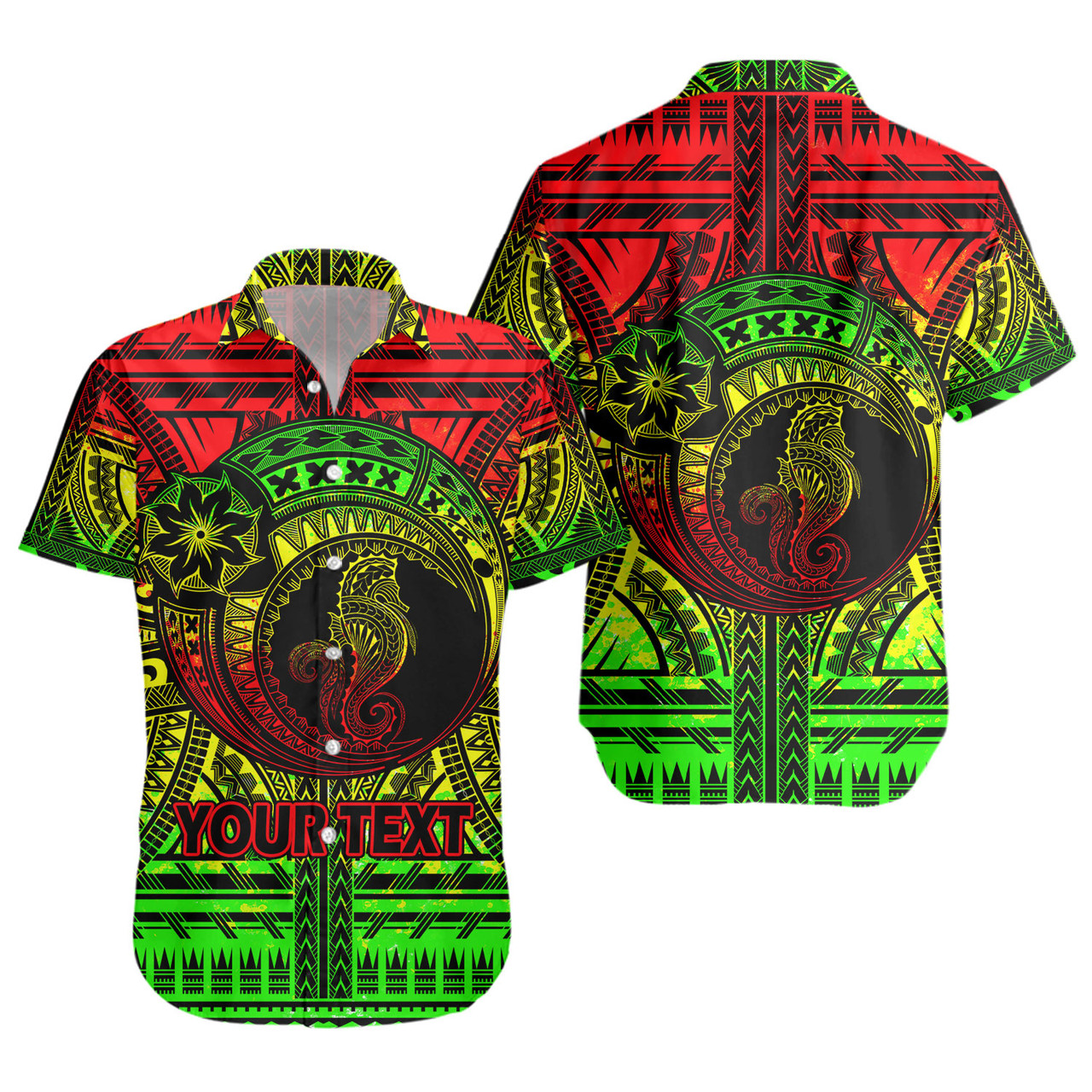 Hawaii Short Sleeve Shirt Custom Seahorse Polynesian Tattoo Reggae