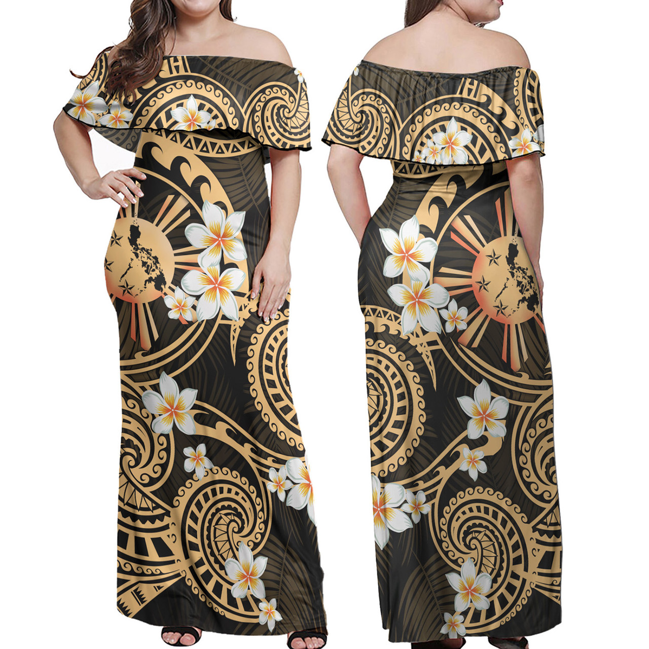 Philippines Filipinos Combo Off Shoulder Long Dress And Shirt Plumeria Flowers Tribal Motif Style