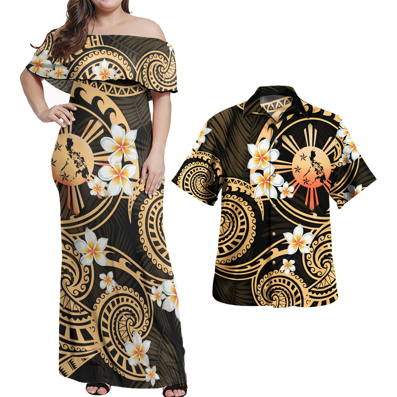 Philippines Filipinos Combo Off Shoulder Long Dress And Shirt Plumeria Flowers Tribal Motif Style