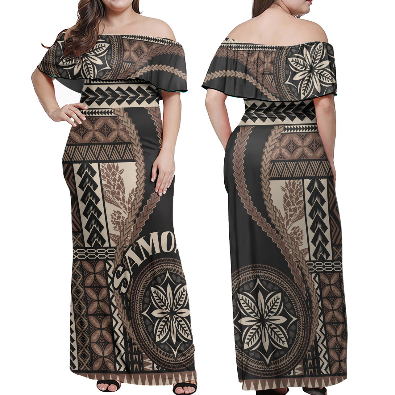 Samoa Combo Off Shoulder Long Dress And Shirt Samoan Siapo Motif Classic Style
