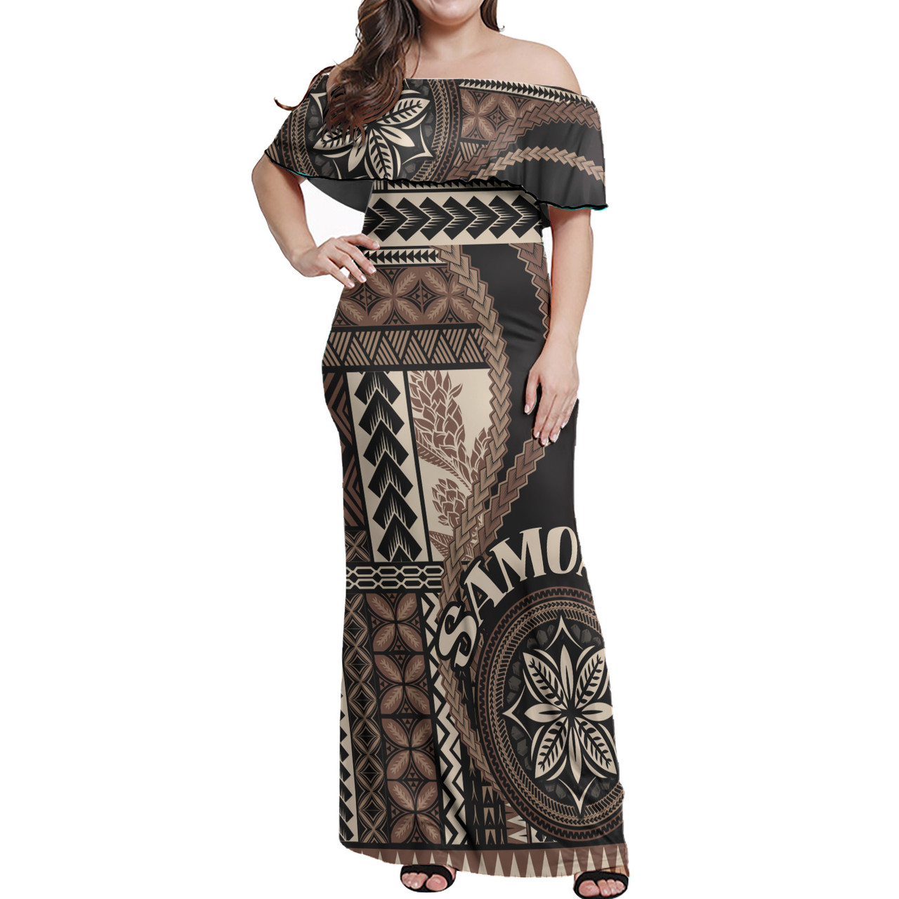 Samoa Off Shoulder Long Dress Samoan Siapo Motif Classic Style