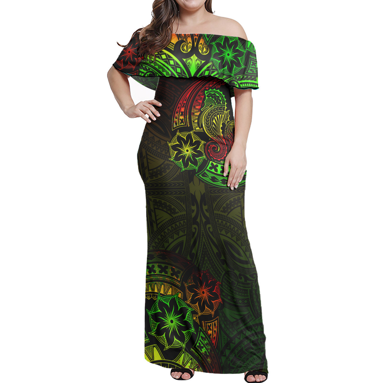 Hawaii Off Shoulder Long Dress Seahorse Polynesian Tattoo Reggae