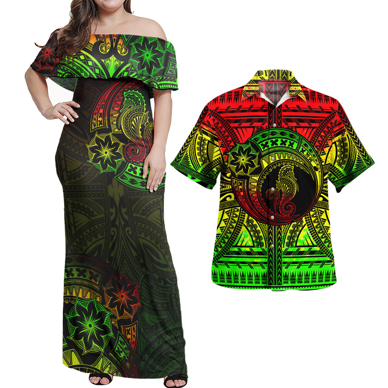 Hawaii Combo Off Shoulder Long Dress And Shirt Seahorse Polynesian Tattoo Reggae
