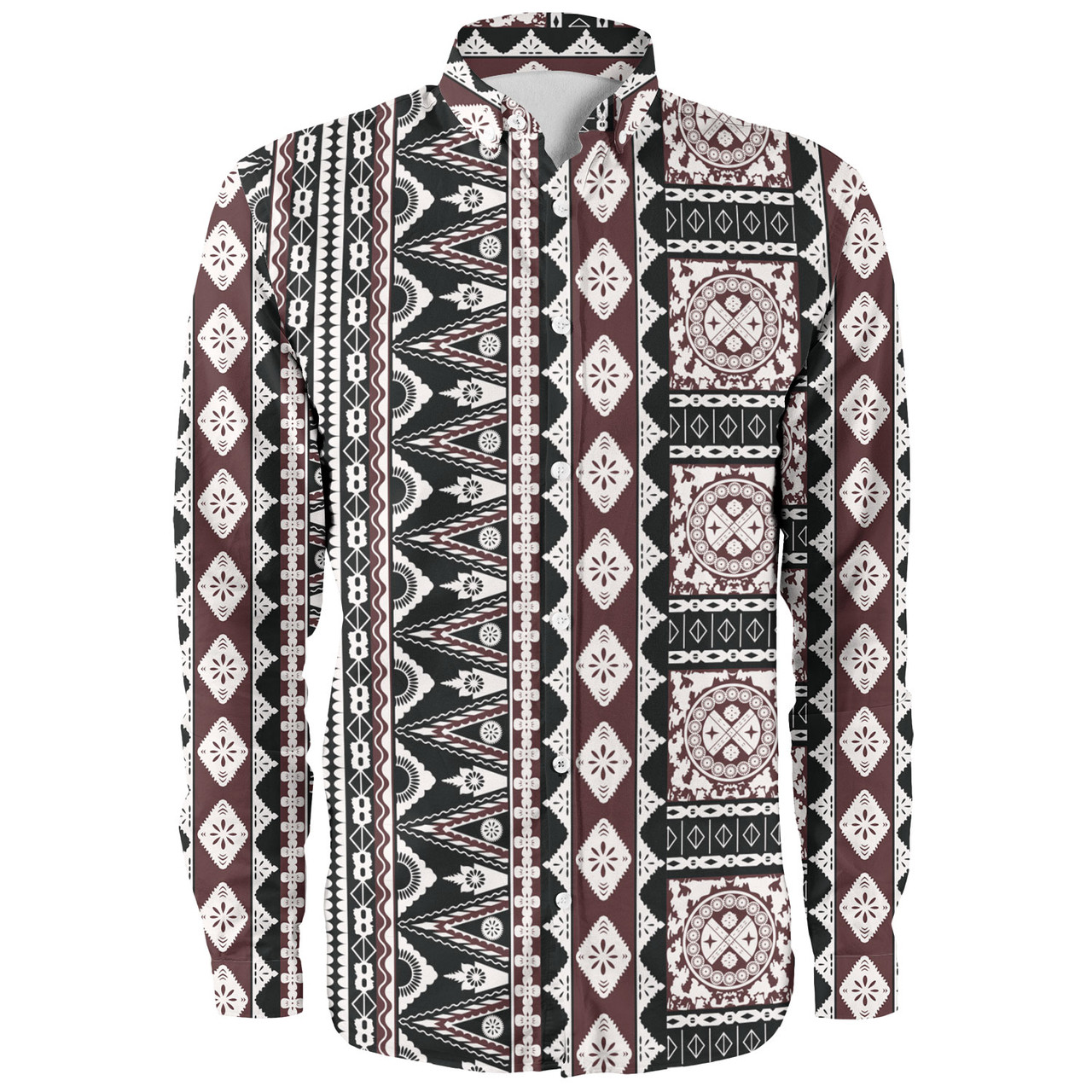 Fiji Long Sleeve Shirt Bula Fiji Masi Motif Brown Color Design