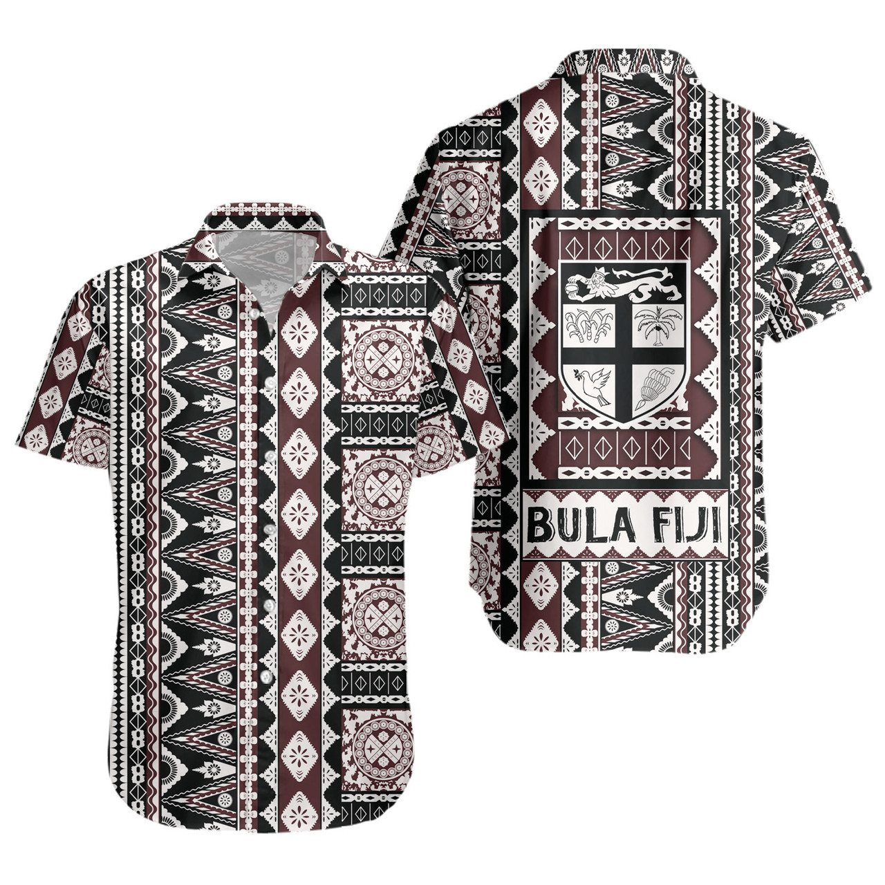 Fiji Short Sleeve Shirt Bula Fiji Masi Motif Brown Color Design