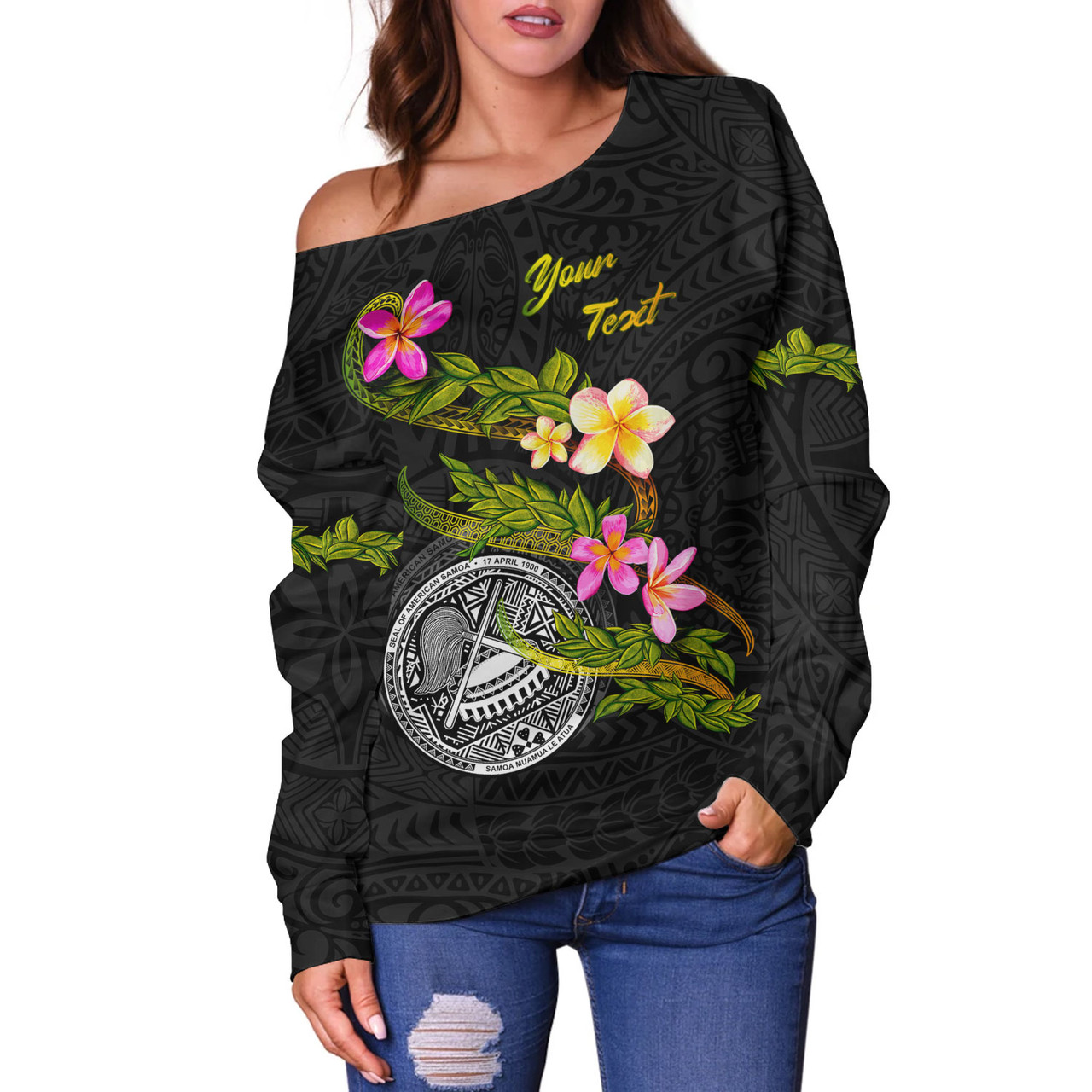 American Samoa Off Shoulder Sweatshirt Custom Plumeria Tribal