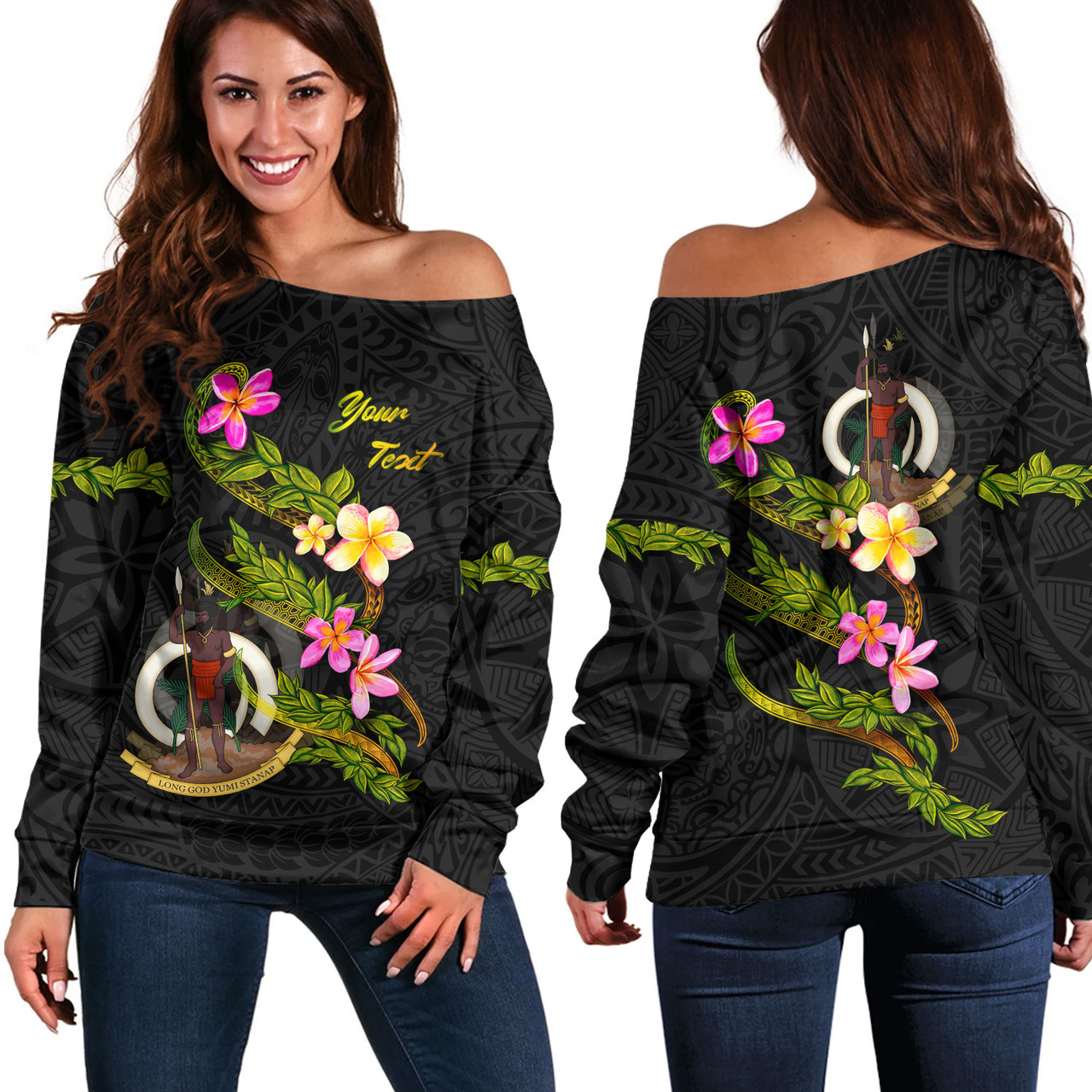 Vanuatu Off Shoulder Sweatshirt Custom Plumeria Tribal