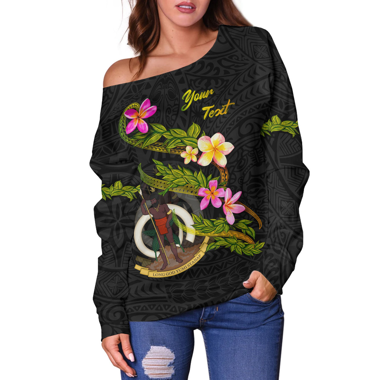 Vanuatu Off Shoulder Sweatshirt Custom Plumeria Tribal