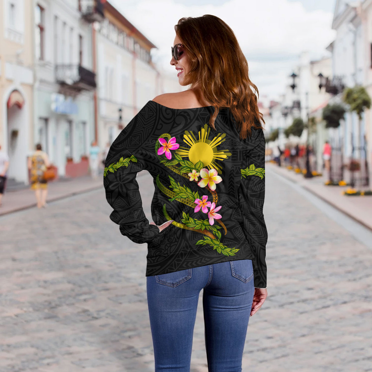 Philippines Filipinos Off Shoulder Sweatshirt Custom Plumeria Tribal