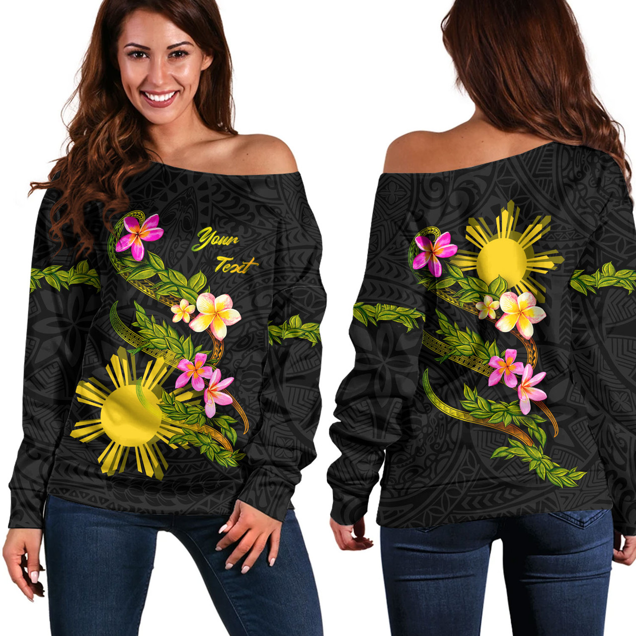 Philippines Filipinos Off Shoulder Sweatshirt Custom Plumeria Tribal