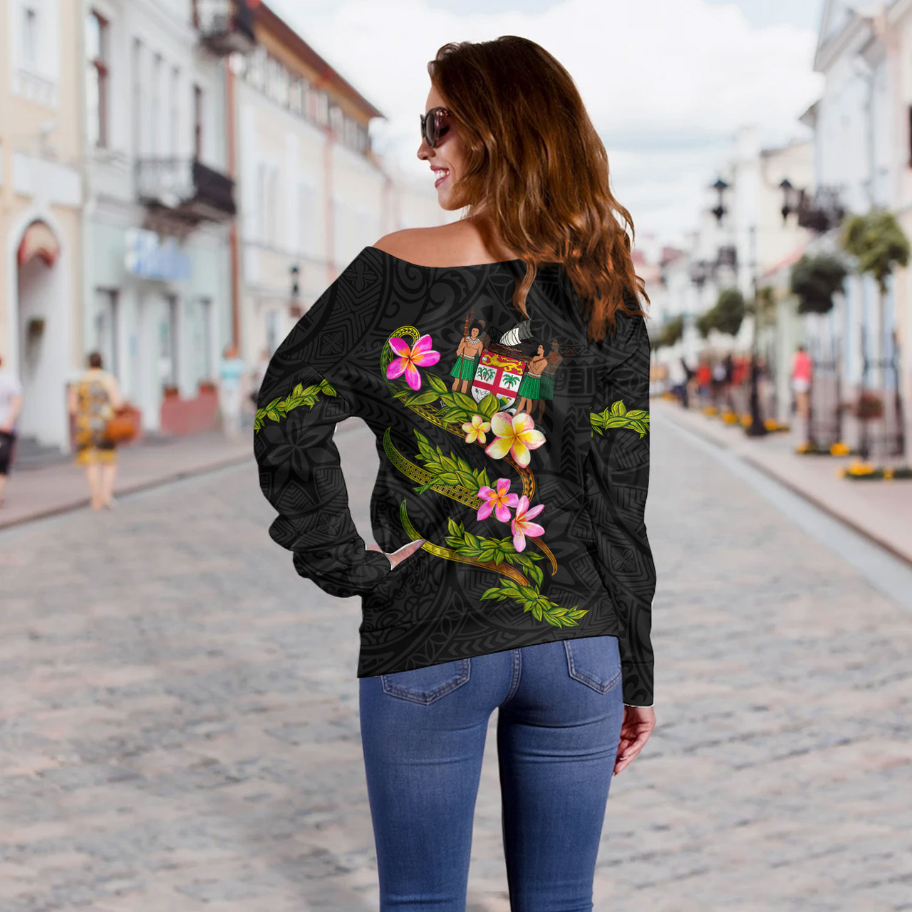 Fiji Off Shoulder Sweatshirt Custom Plumeria Tribal