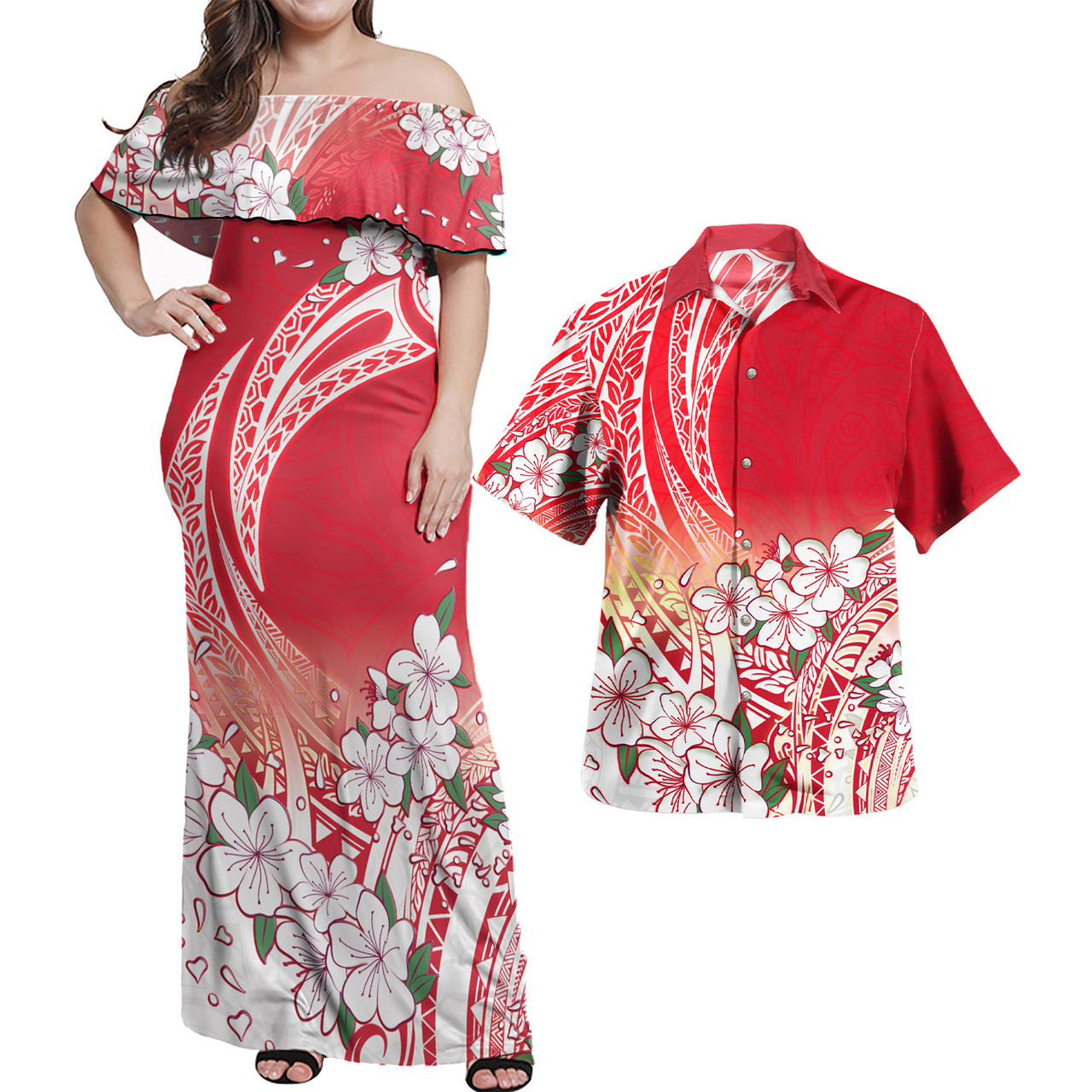Polynesian Combo Off Shoulder Long Dress And Shirt Polynesian Pattern Style White Flowers