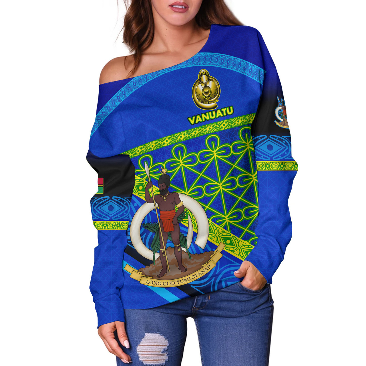 Vanuatu Off Shoulder Sweatshirt Coat Of Arms Mutis En Atan Vanuatu Cultural