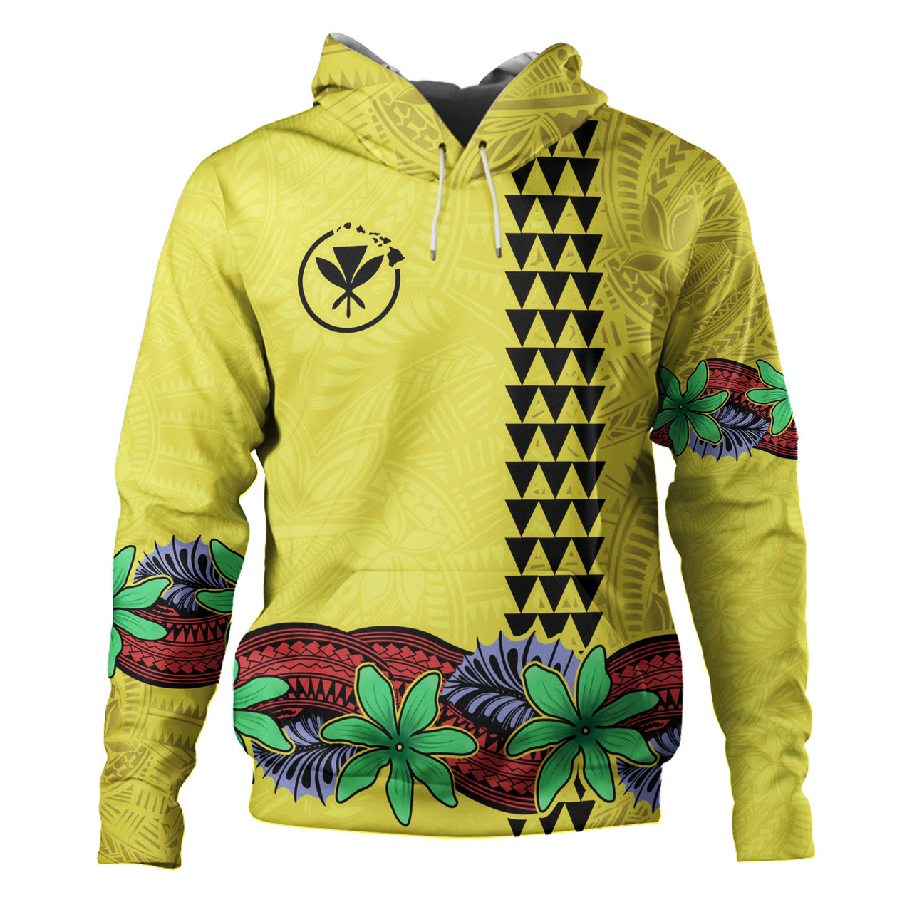 Hawaii Hoodie Kanaka Maoli Map Seal Tropical Flowers Yellow Color