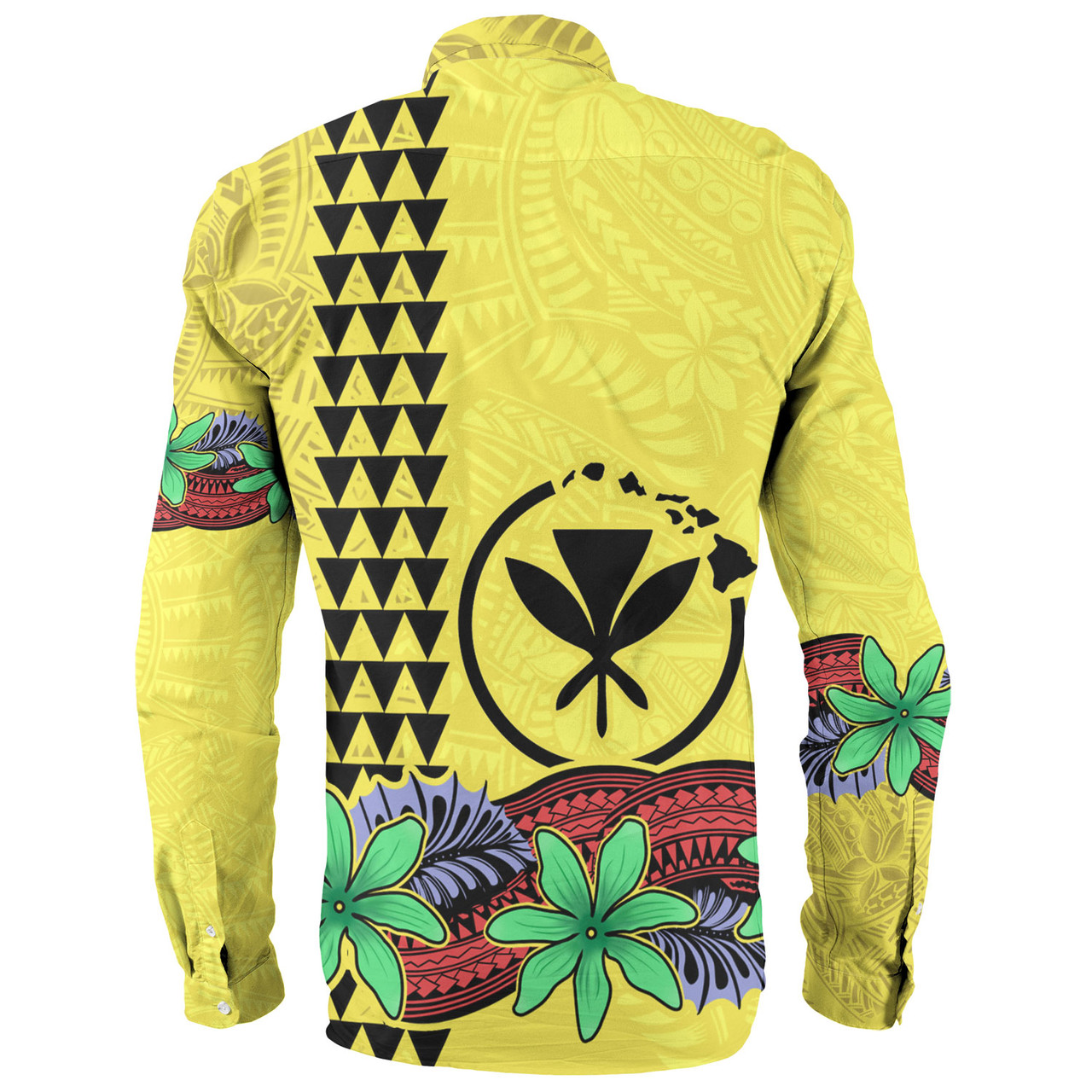 Hawaii Long Sleeve Shirt Kanaka Maoli Map Seal Tropical Flowers Yellow Color