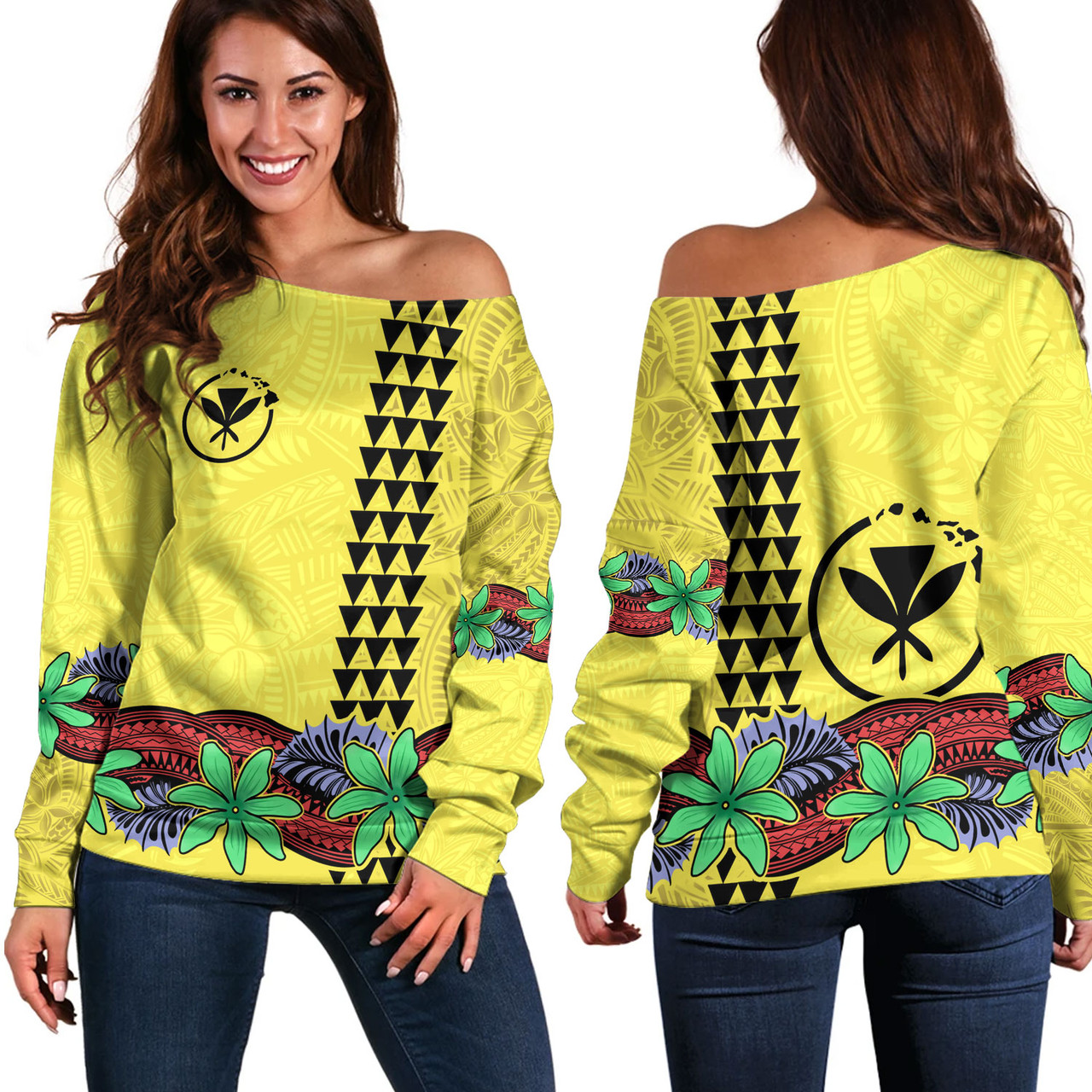 Hawaii Off Shoulder Sweatshirt Kanaka Maoli Map Seal Tropical Flowers Yellow Color