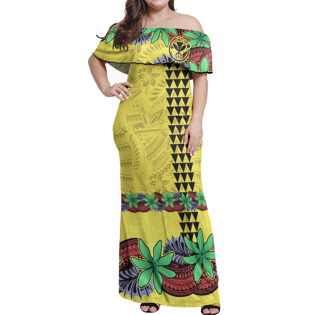 Hawaii Off Shoulder Long Dress Kanaka Maoli Map Seal Tropical Flowers Yellow Color