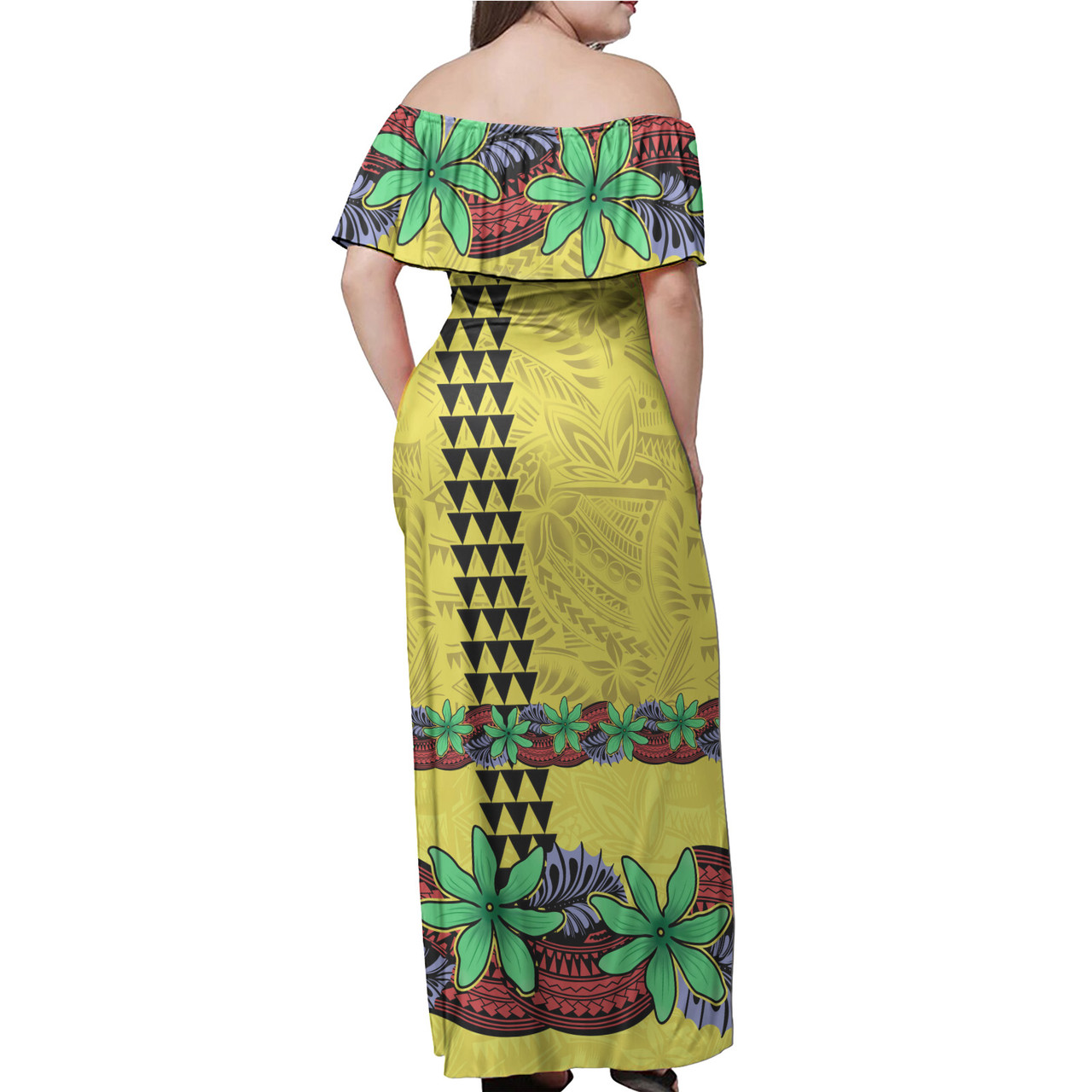 Hawaii Off Shoulder Long Dress Kanaka Maoli Map Seal Tropical Flowers Yellow Color