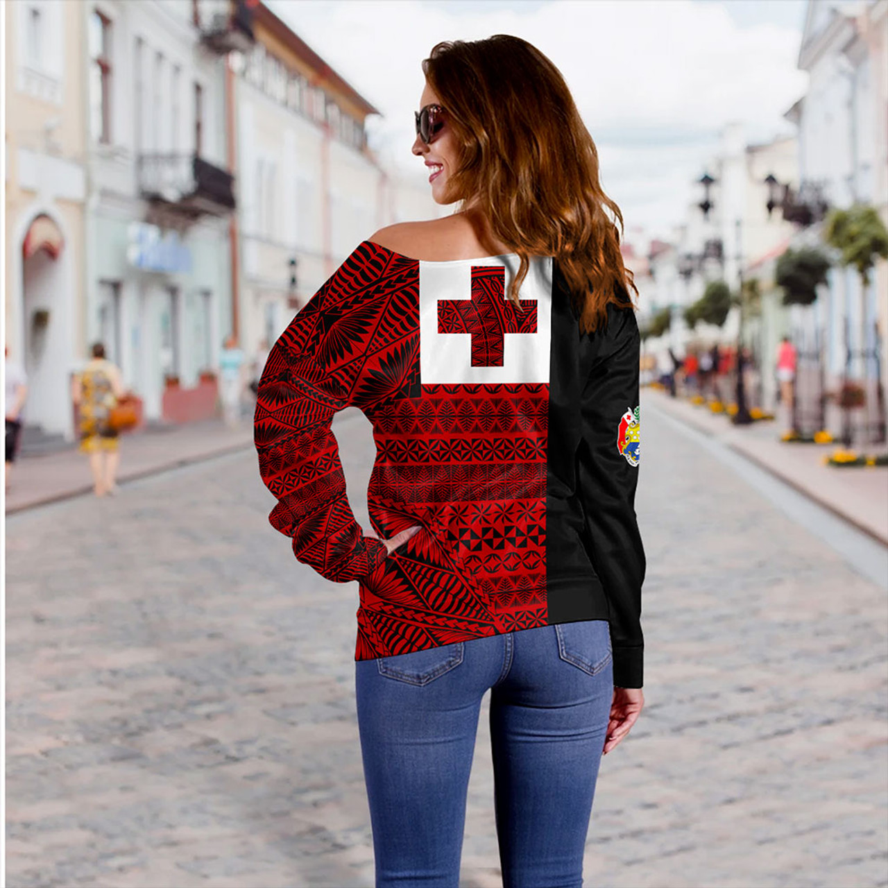 Tonga Off Shoulder Sweatshirt Flag Ngatu Pattern Style