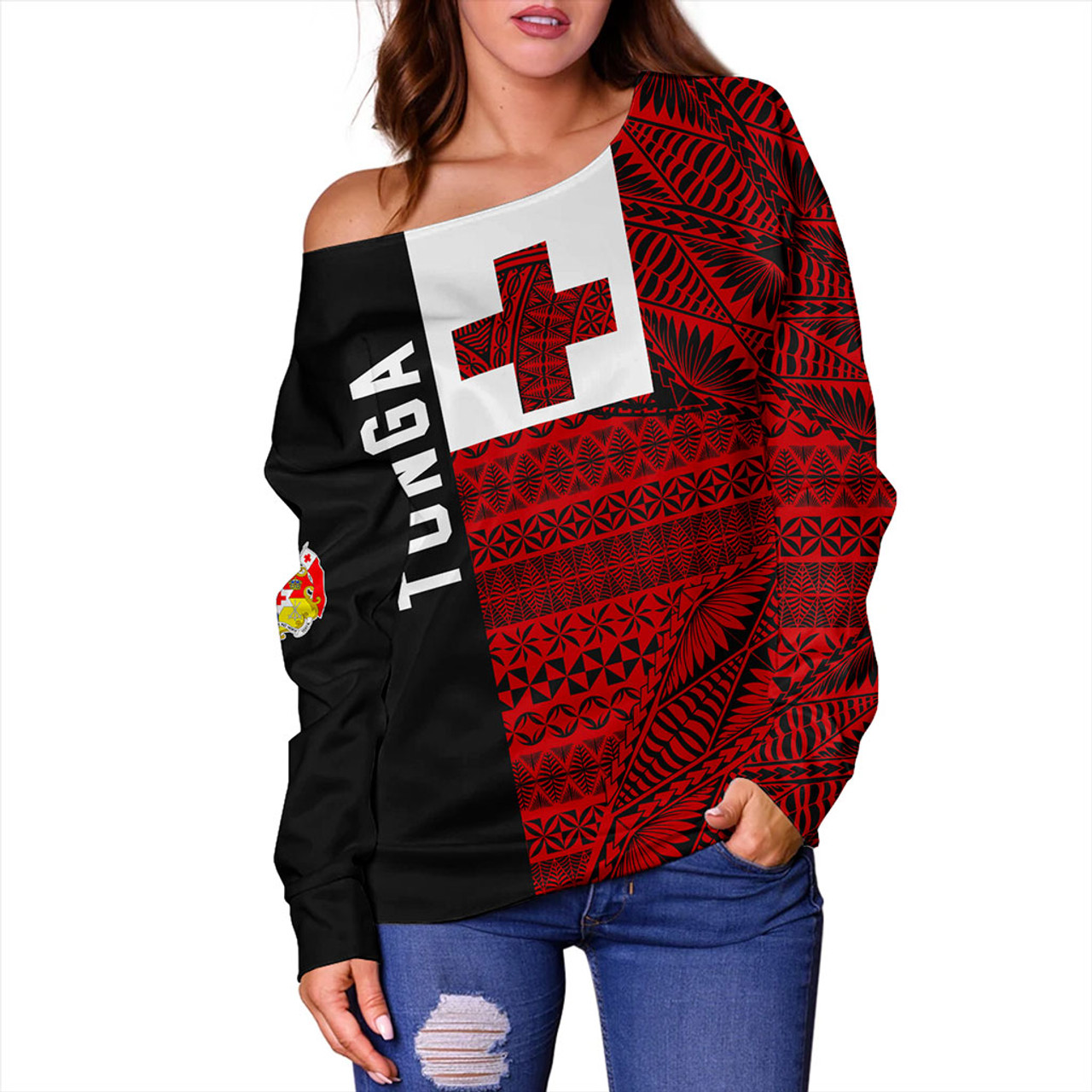 Tonga Off Shoulder Sweatshirt Flag Ngatu Pattern Style