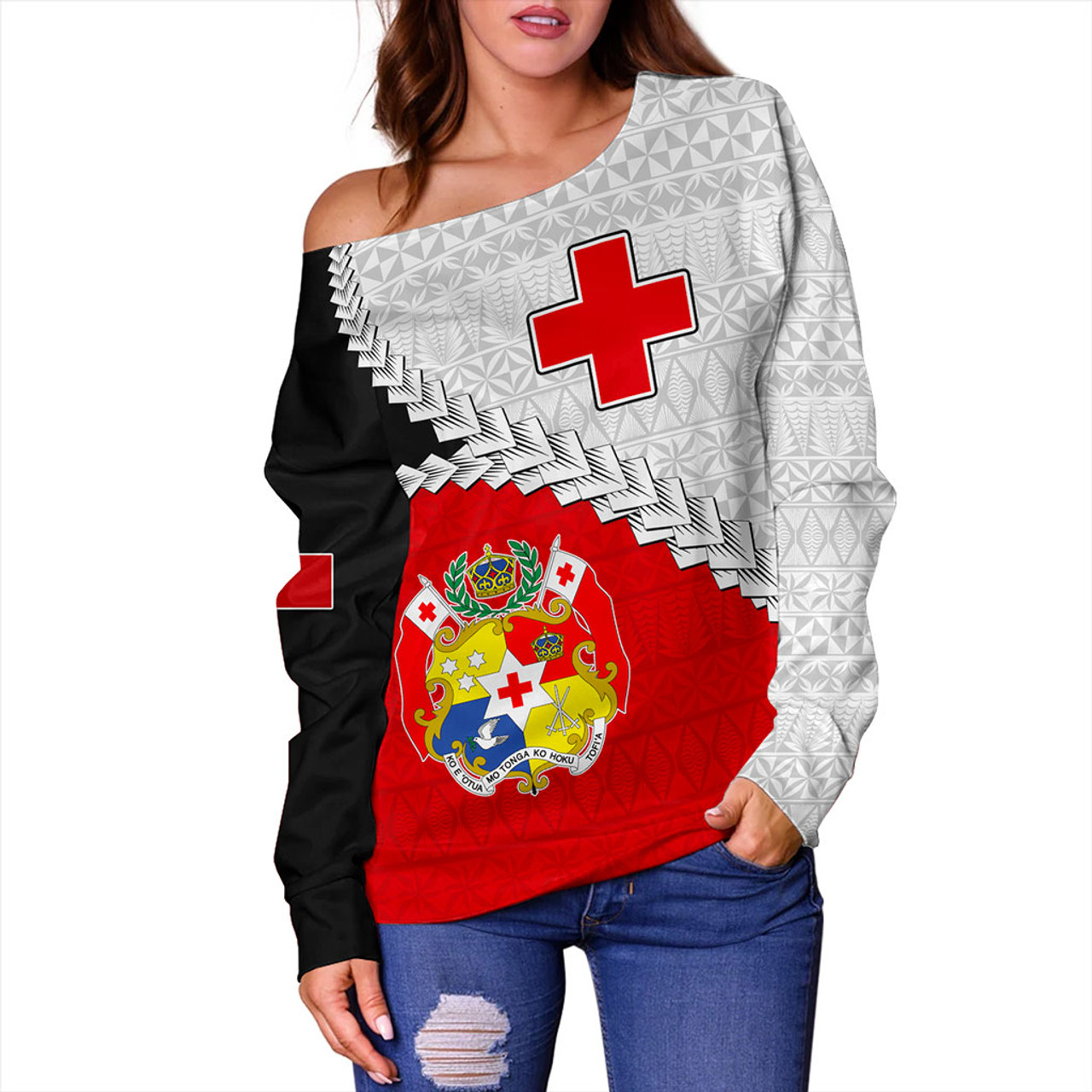 Tonga Off Shoulder Sweatshirt Design Flag With Ngatu Pattern