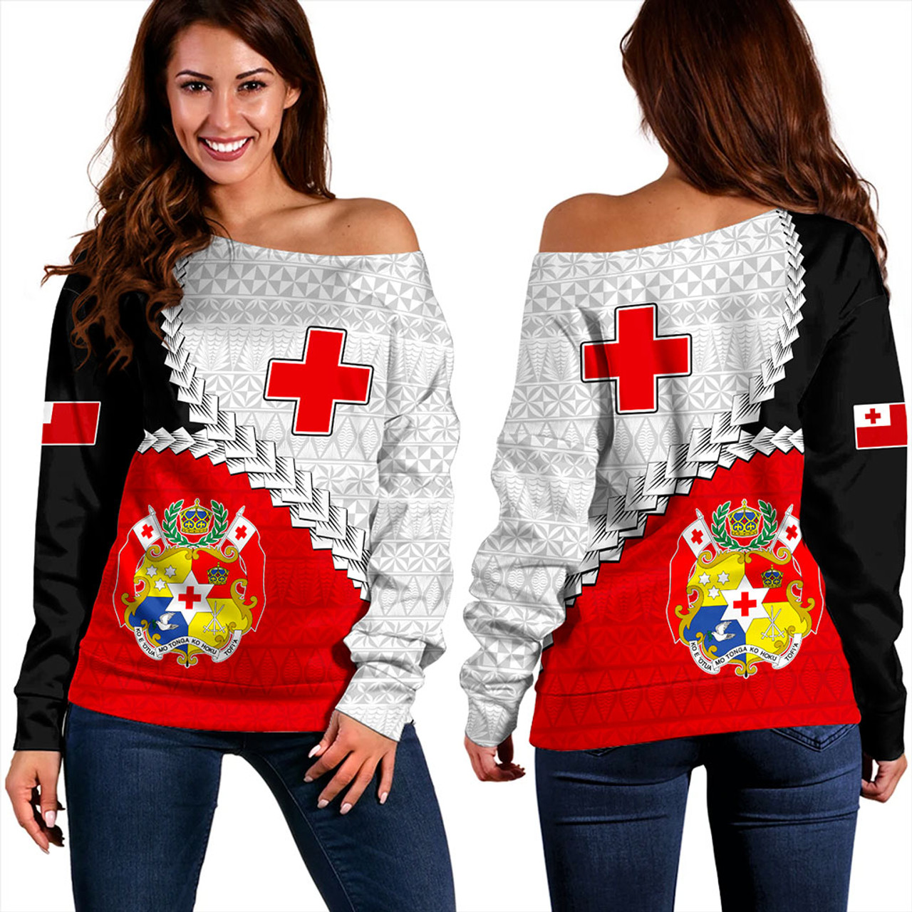 Tonga Off Shoulder Sweatshirt Design Flag With Ngatu Pattern