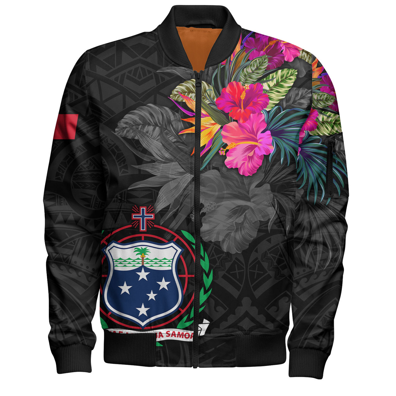 Samoa Bomber Jacket Custom Samoa Coat Of Arms With Tropical Flowers Special