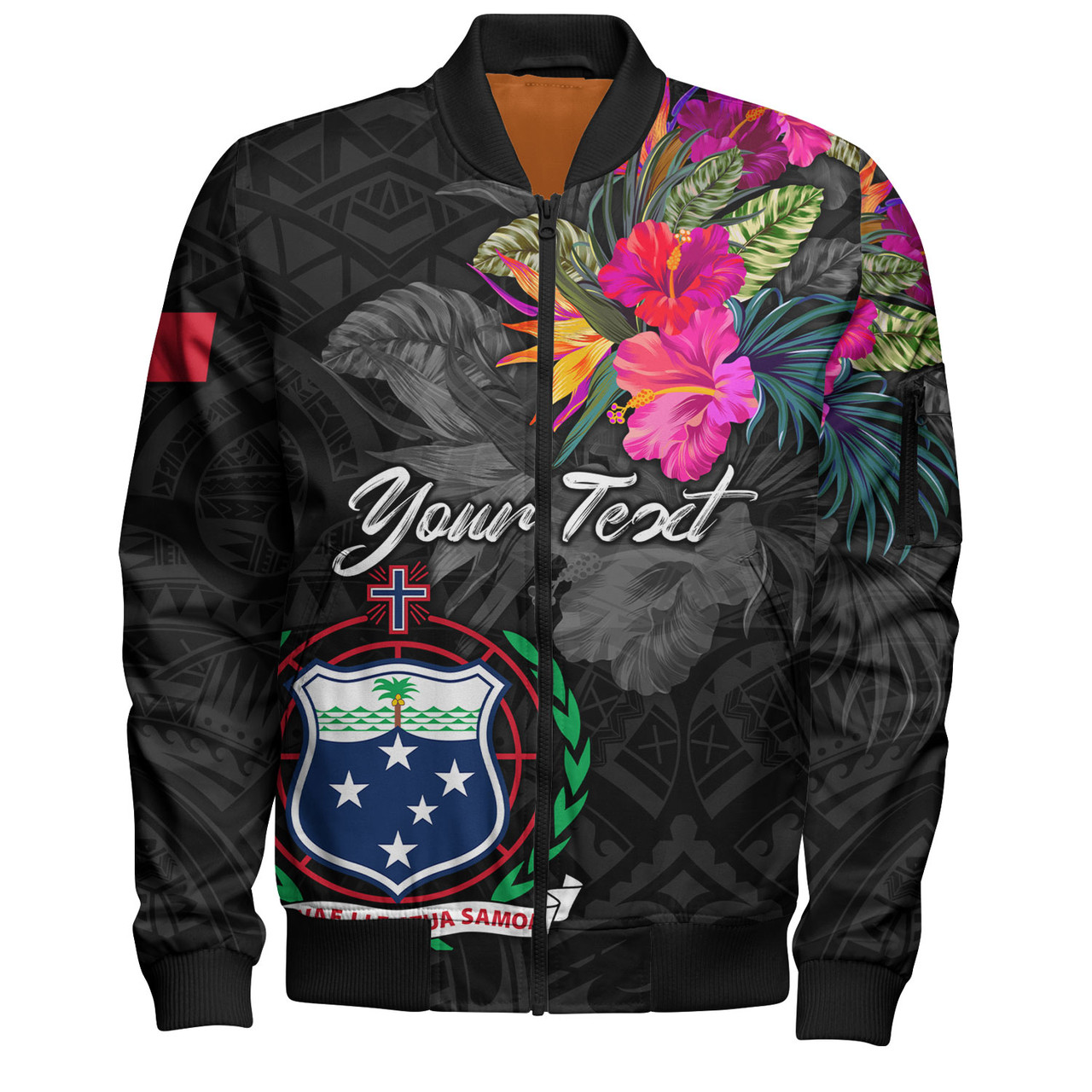 Samoa Bomber Jacket Custom Samoa Coat Of Arms With Tropical Flowers Special