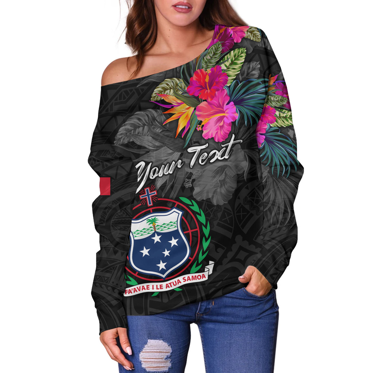 Samoa Off Shoulder Sweatshirt Custom Samoa Coat Of Arms With Tropical Flowers Special