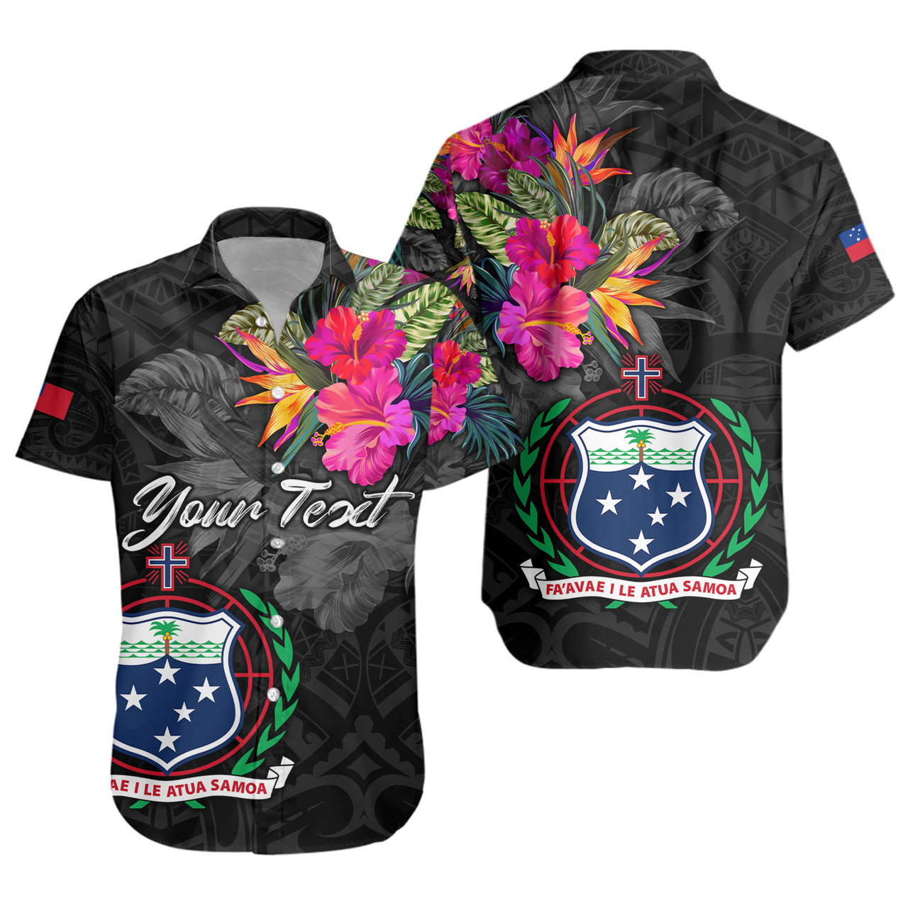 Samoa Short Sleeve Shirt Custom Samoa Coat Of Arms With Tropical Flowers Special