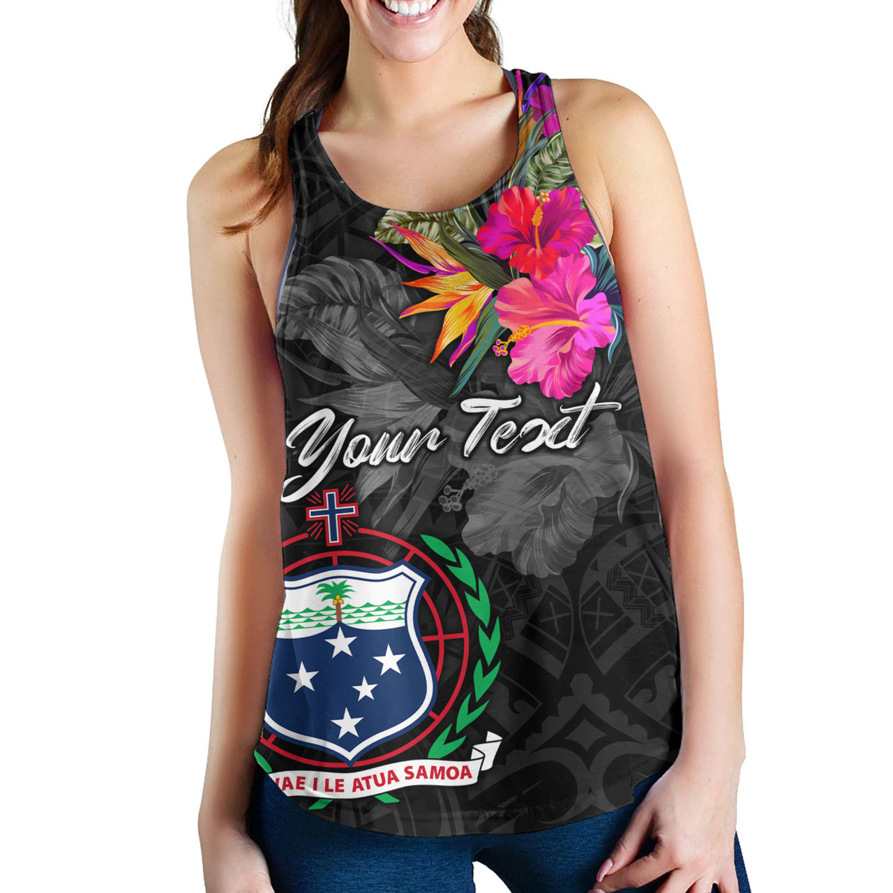 Samoa Women Tank Custom Samoa Coat Of Arms With Tropical Flowers Special