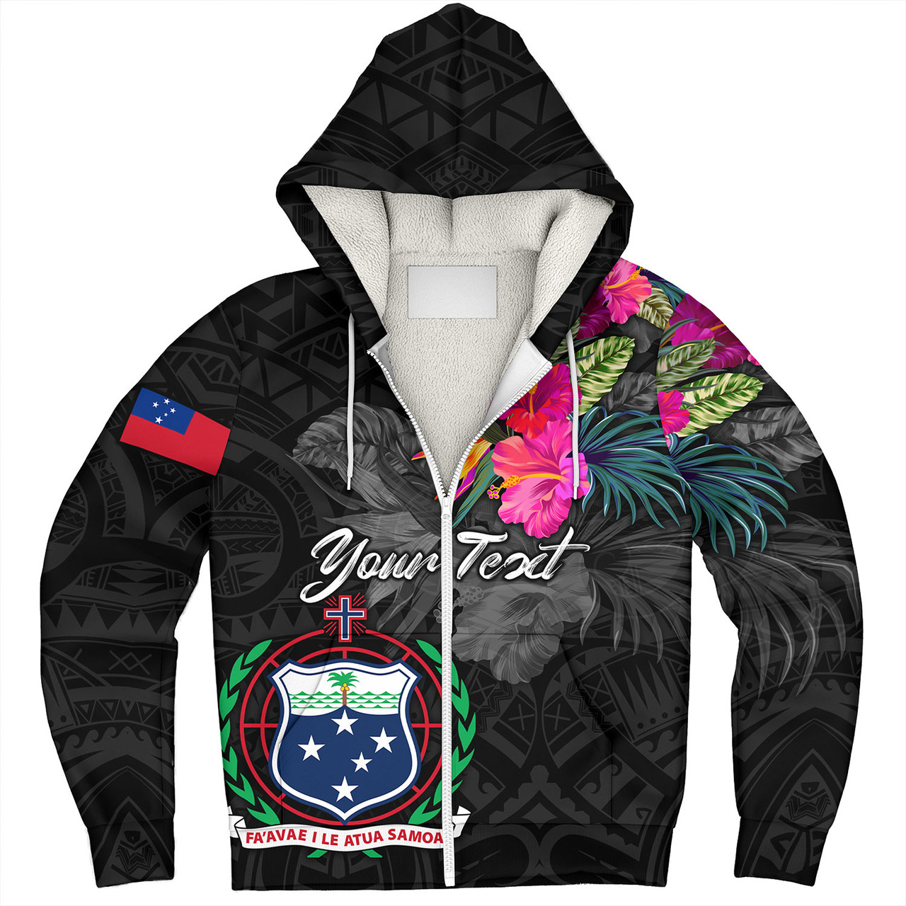 Samoa Sherpa Hoodie Custom Samoa Coat Of Arms With Tropical Flowers Special