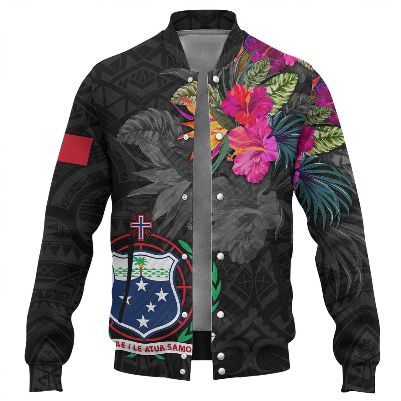 Samoa Baseball Jacket Custom Samoa Coat Of Arms With Tropical Flowers Special