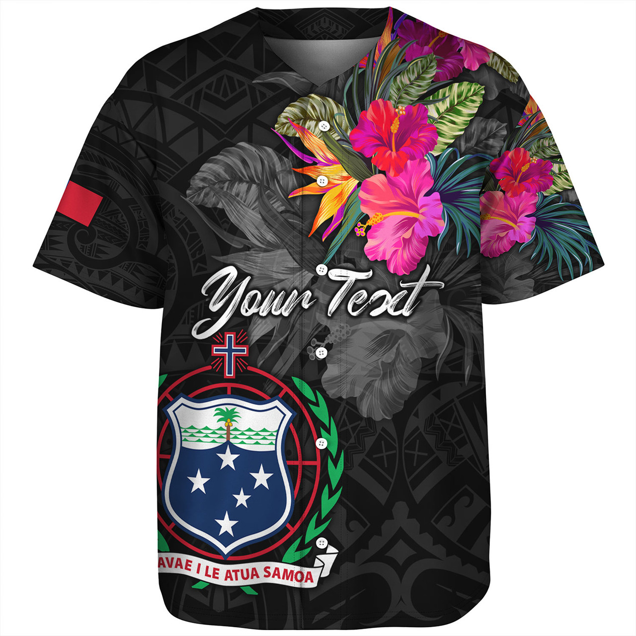 Samoa Baseball Shirt Custom Samoa Coat Of Arms With Tropical Flowers Special