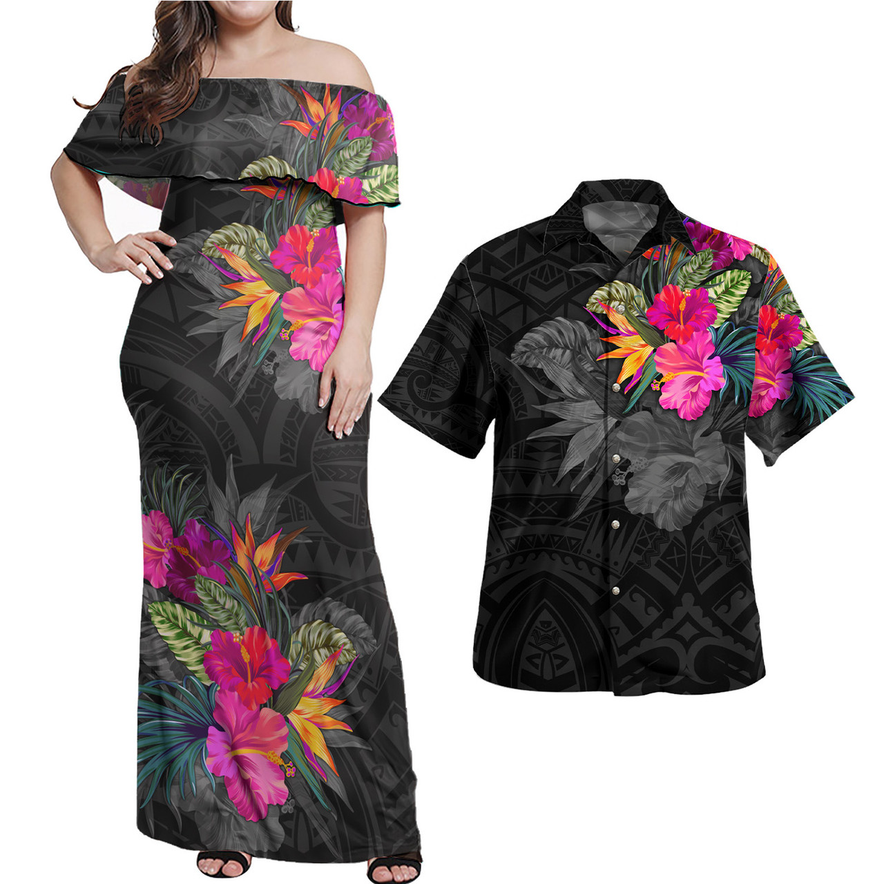 Polynesian Combo Off Shoulder Long Dress And Shirt Polynesian Tribal Tropical Flowers Special