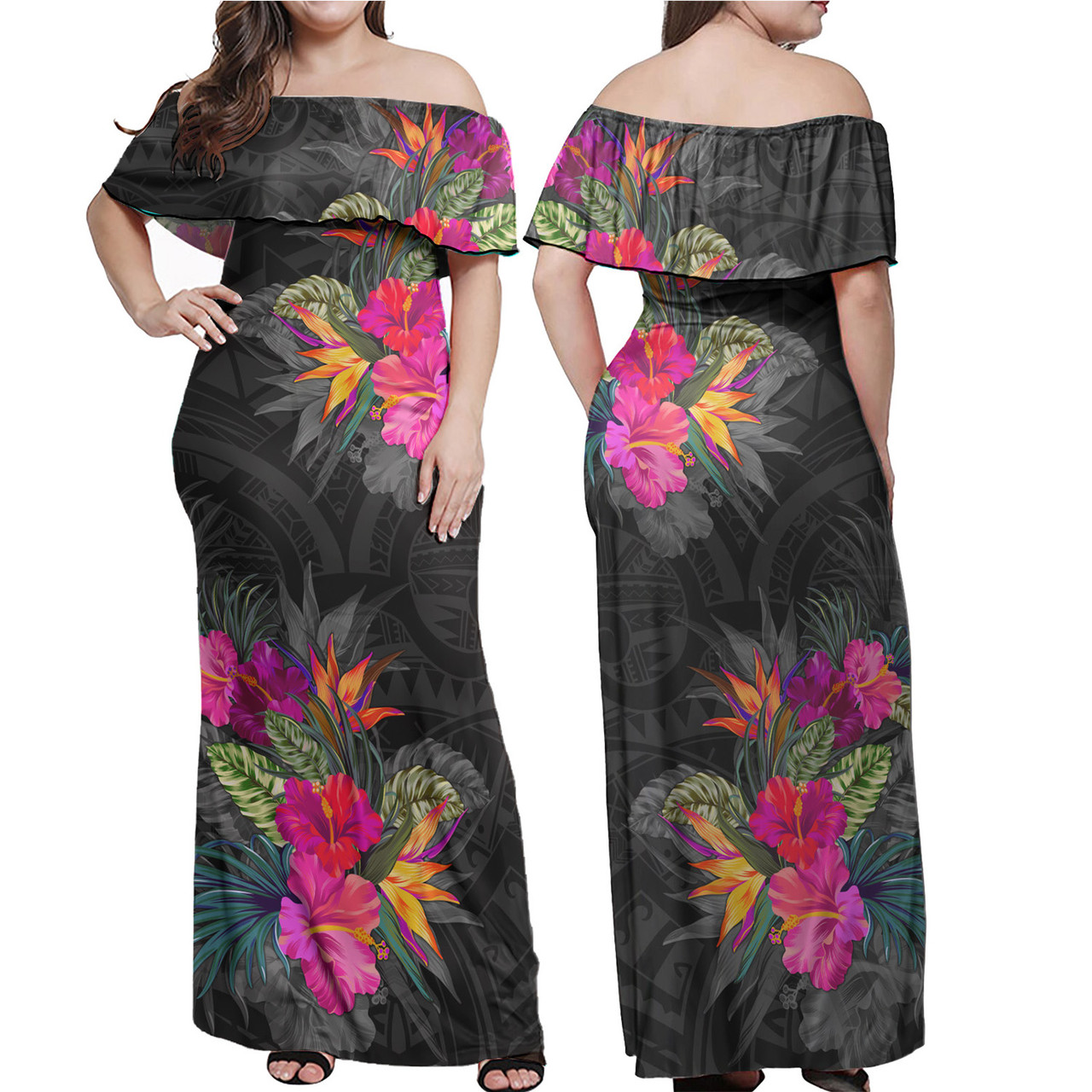 Polynesian Combo Off Shoulder Long Dress And Shirt Polynesian Tribal Tropical Flowers Special