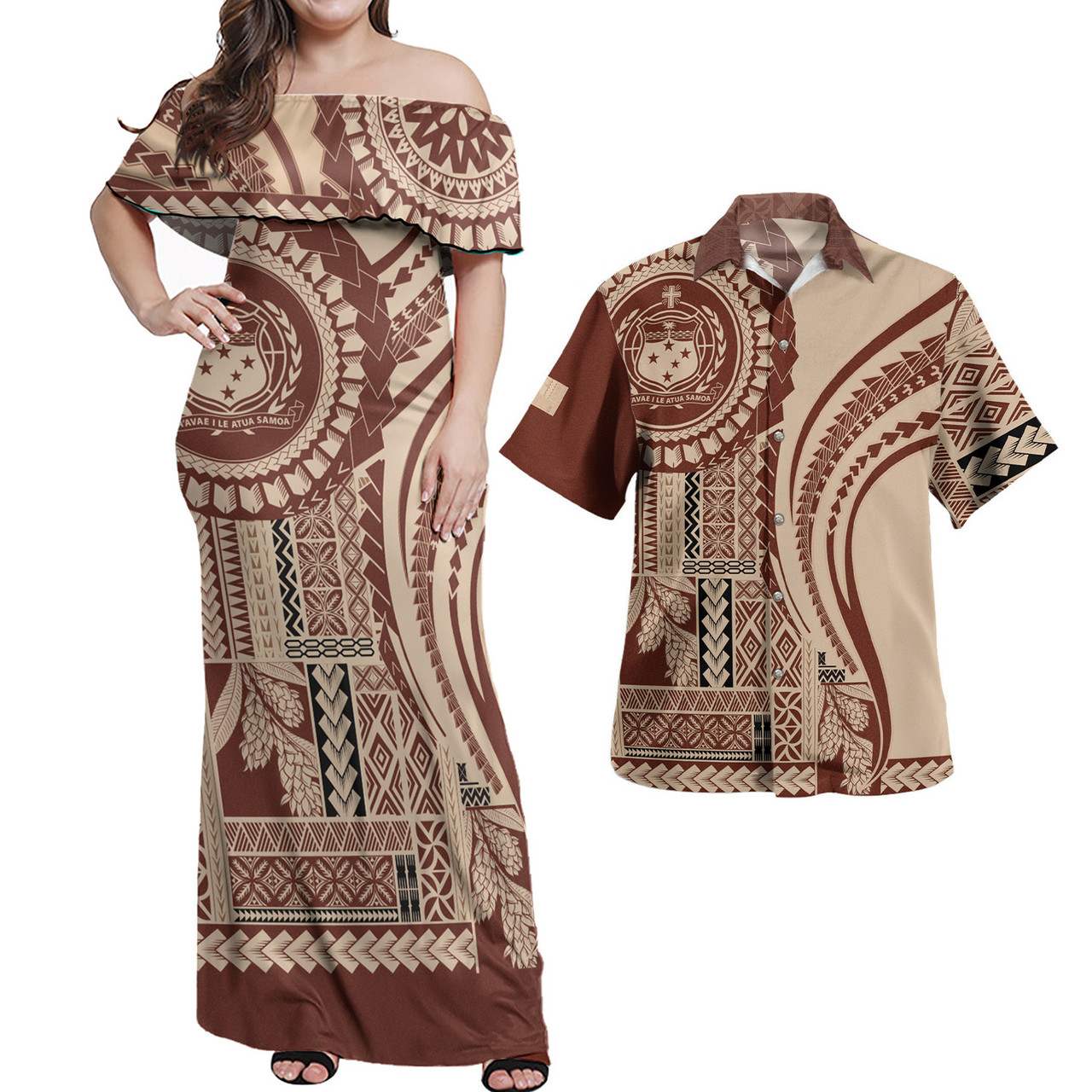 Samoa Combo Off Shoulder Long Dress And Shirt Seal Samoan Siapo Brown Design