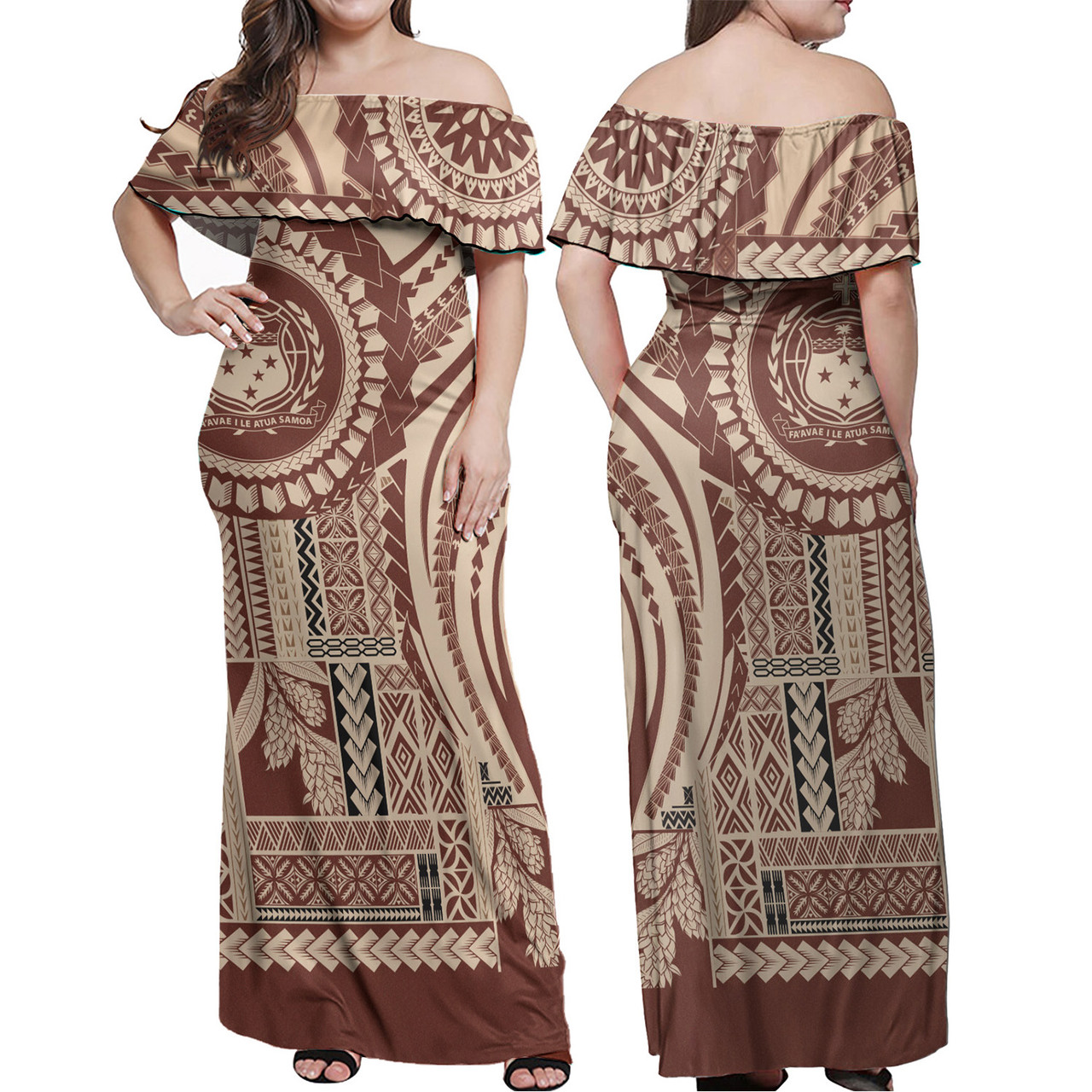 Samoa Off Shoulder Long Dress Seal Samoan Siapo Brown Design