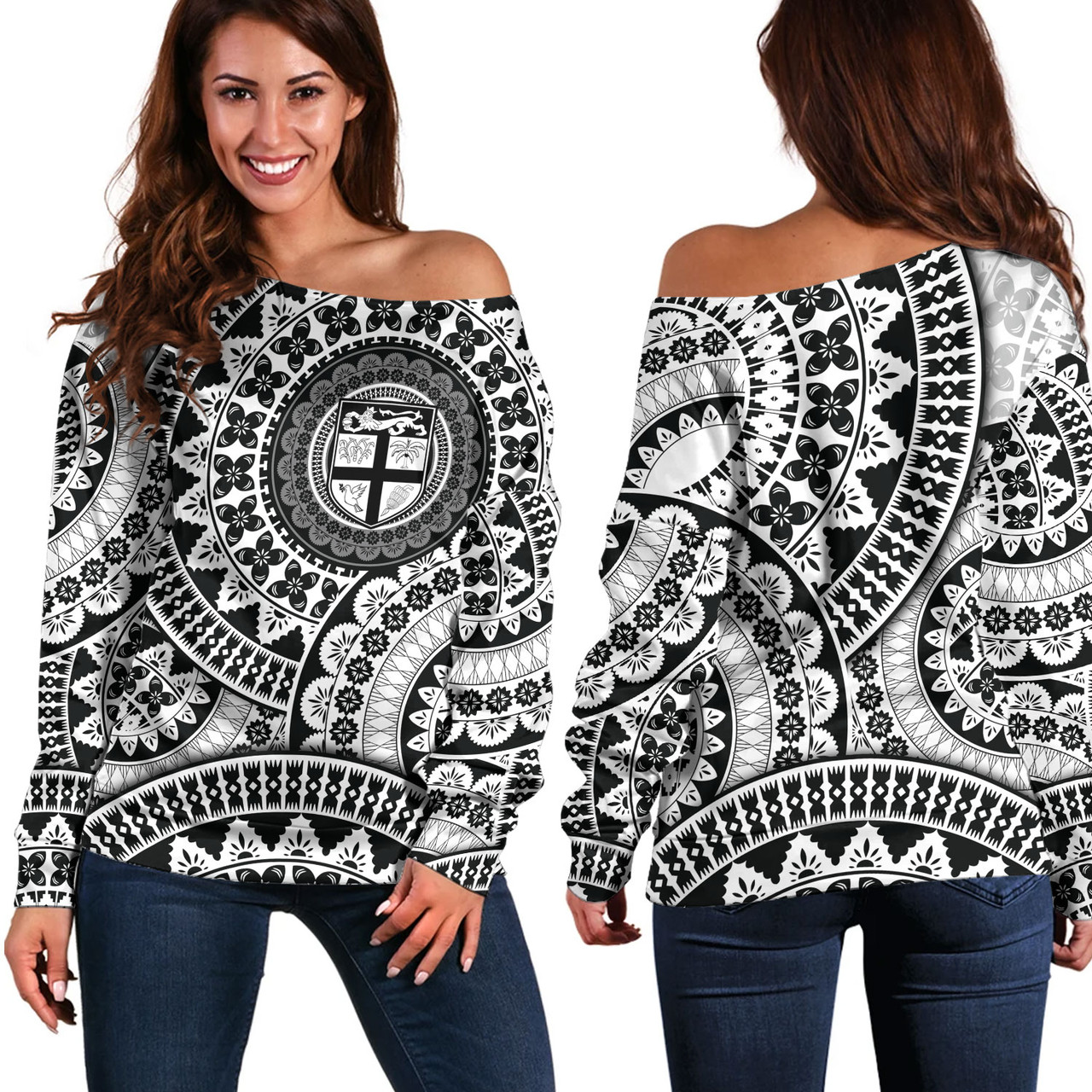 Fiji Off Shoulder Sweatshirt Bula Fijian Circle Pattern Design