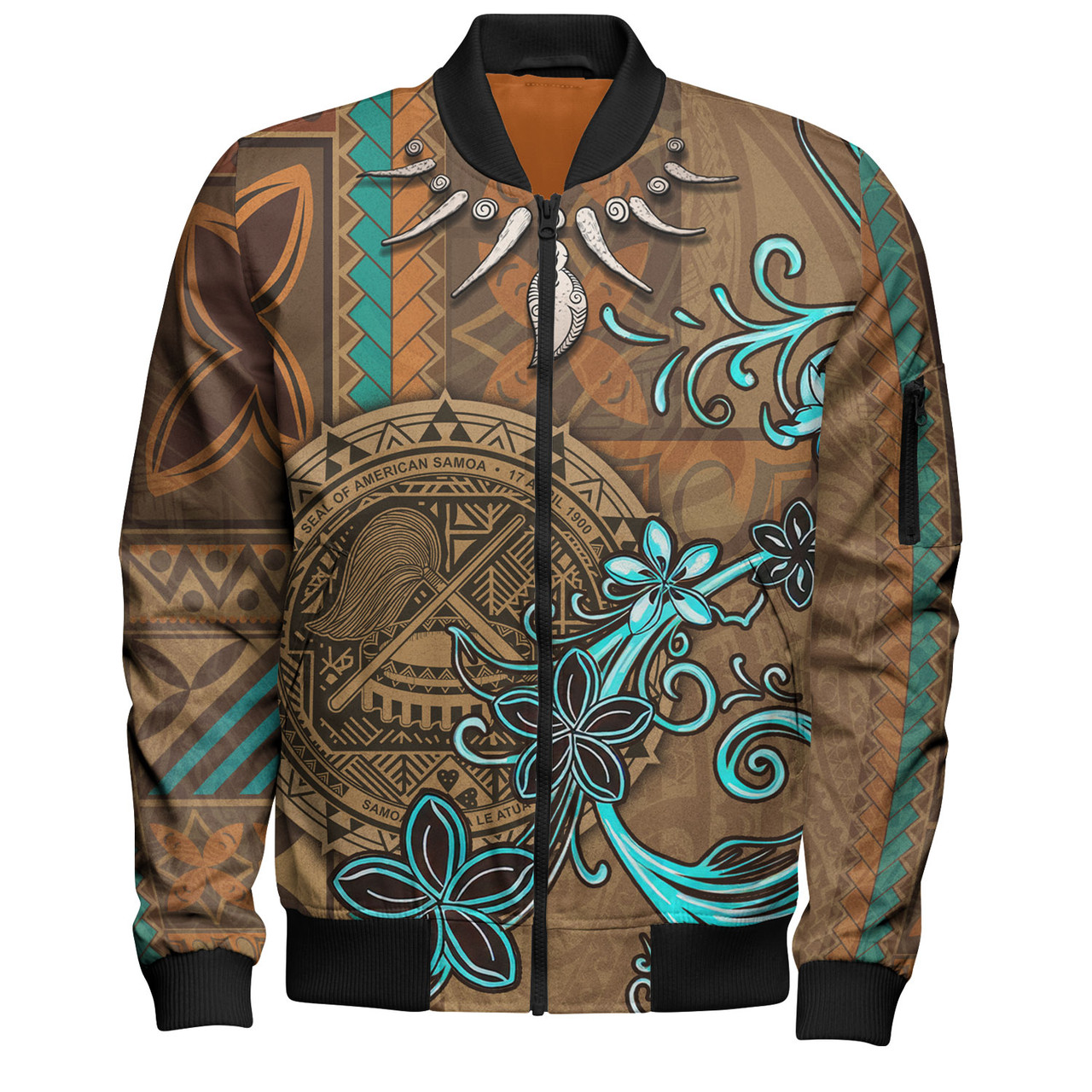 American Samoa Bomber Jacket Polynesian Pattern Motif And Teal Boar Tusk