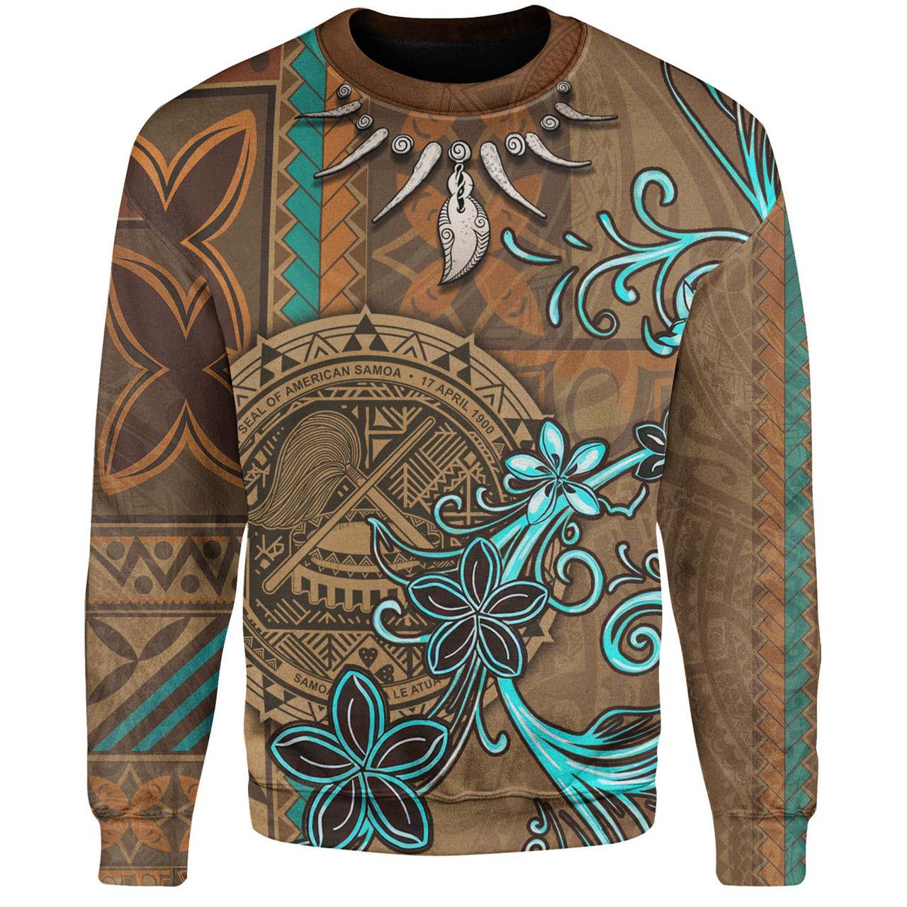 American Samoa Sweatshirt Polynesian Pattern Motif And Teal Boar Tusk