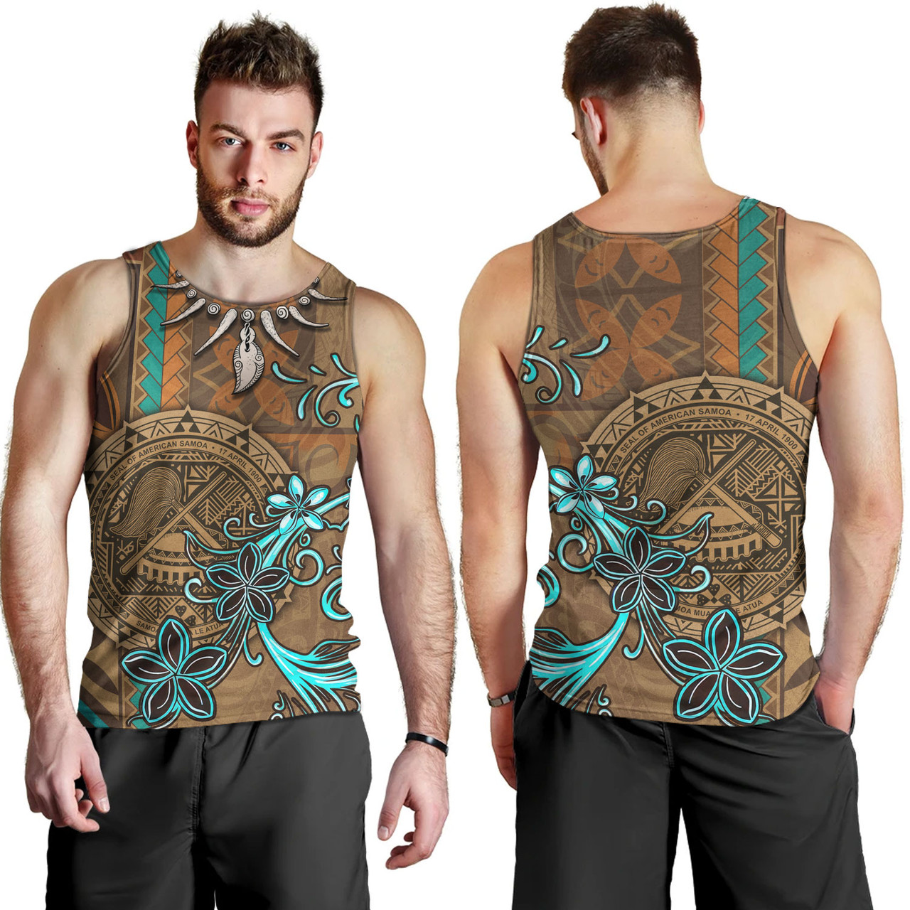 American Samoa Tank Top Polynesian Pattern Motif And Teal Boar Tusk