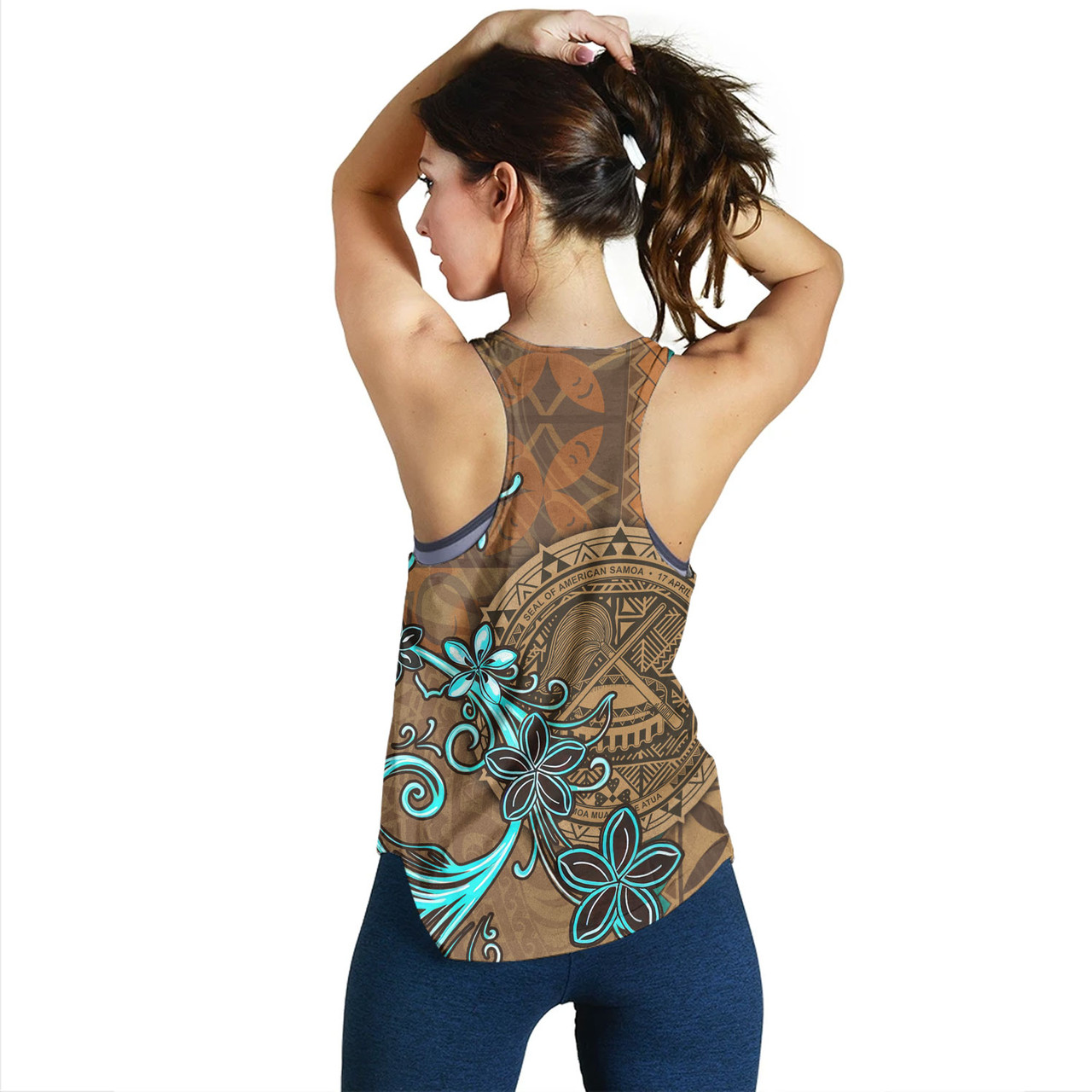 American Samoa Women Tank Polynesian Pattern Motif And Teal Boar Tusk