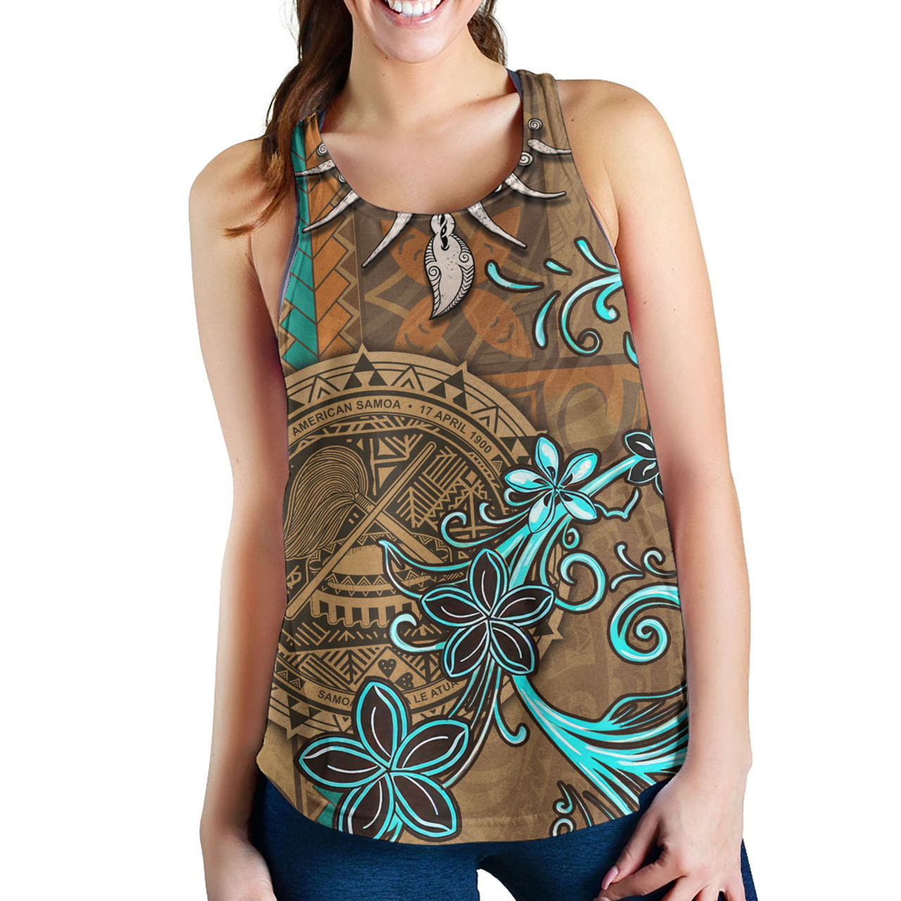 American Samoa Women Tank Polynesian Pattern Motif And Teal Boar Tusk