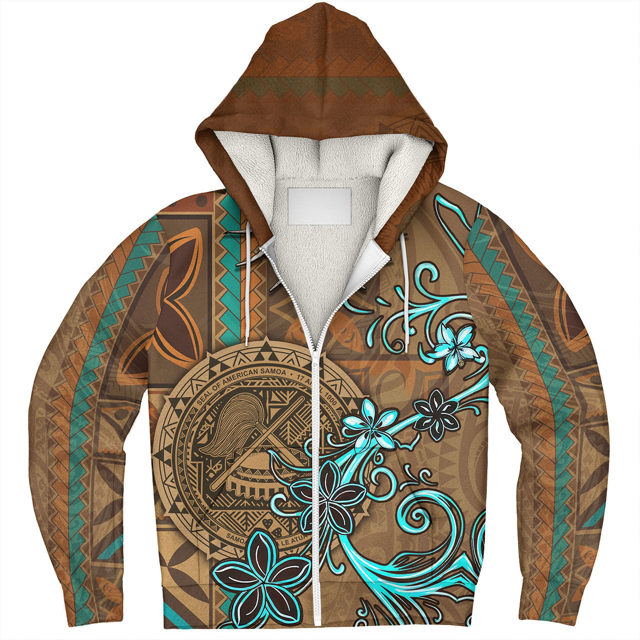 American Samoa Sherpa Hoodie Polynesian Pattern Motif And Teal Boar Tusk