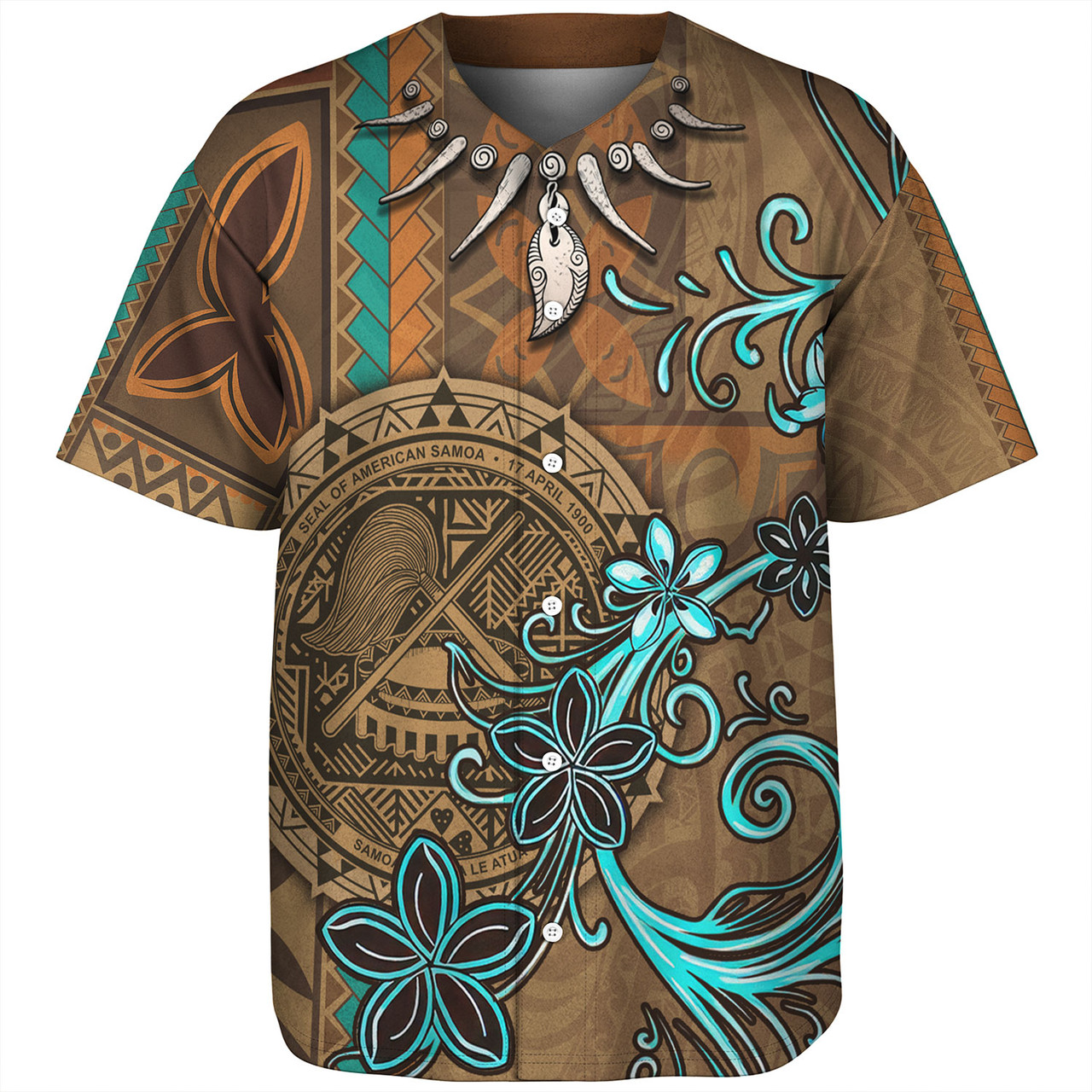 American Samoa Baseball Shirt Polynesian Pattern Motif And Teal Boar Tusk