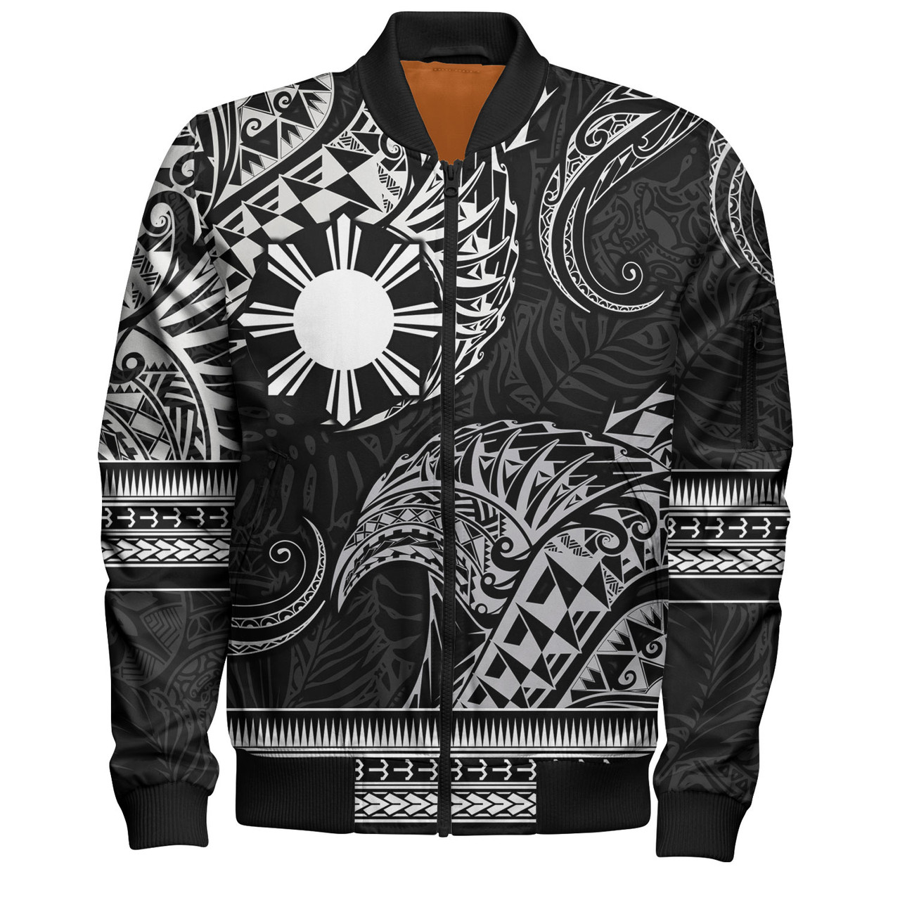 Philippines Filipinos Bomber Jacket Filipino Coat Of Arms With Leaves and Tribal Patterns