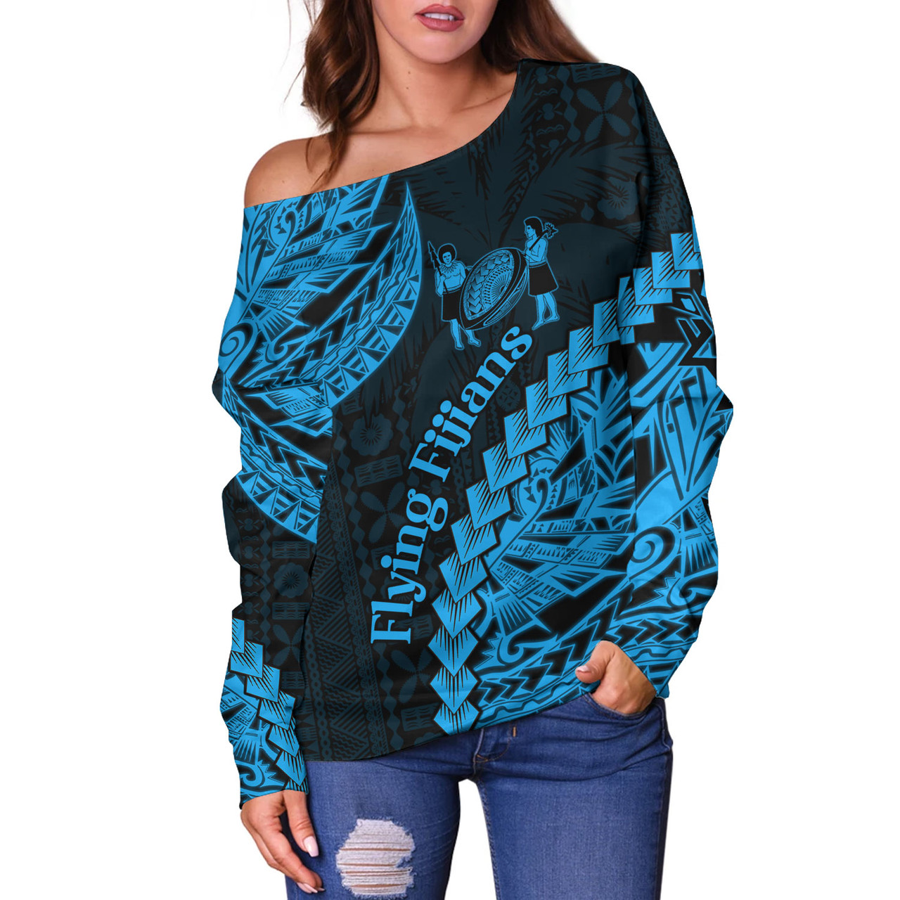 Fiji Off Shoulder Sweatshirt Kaiviti Fiji Rugby Palm Tree