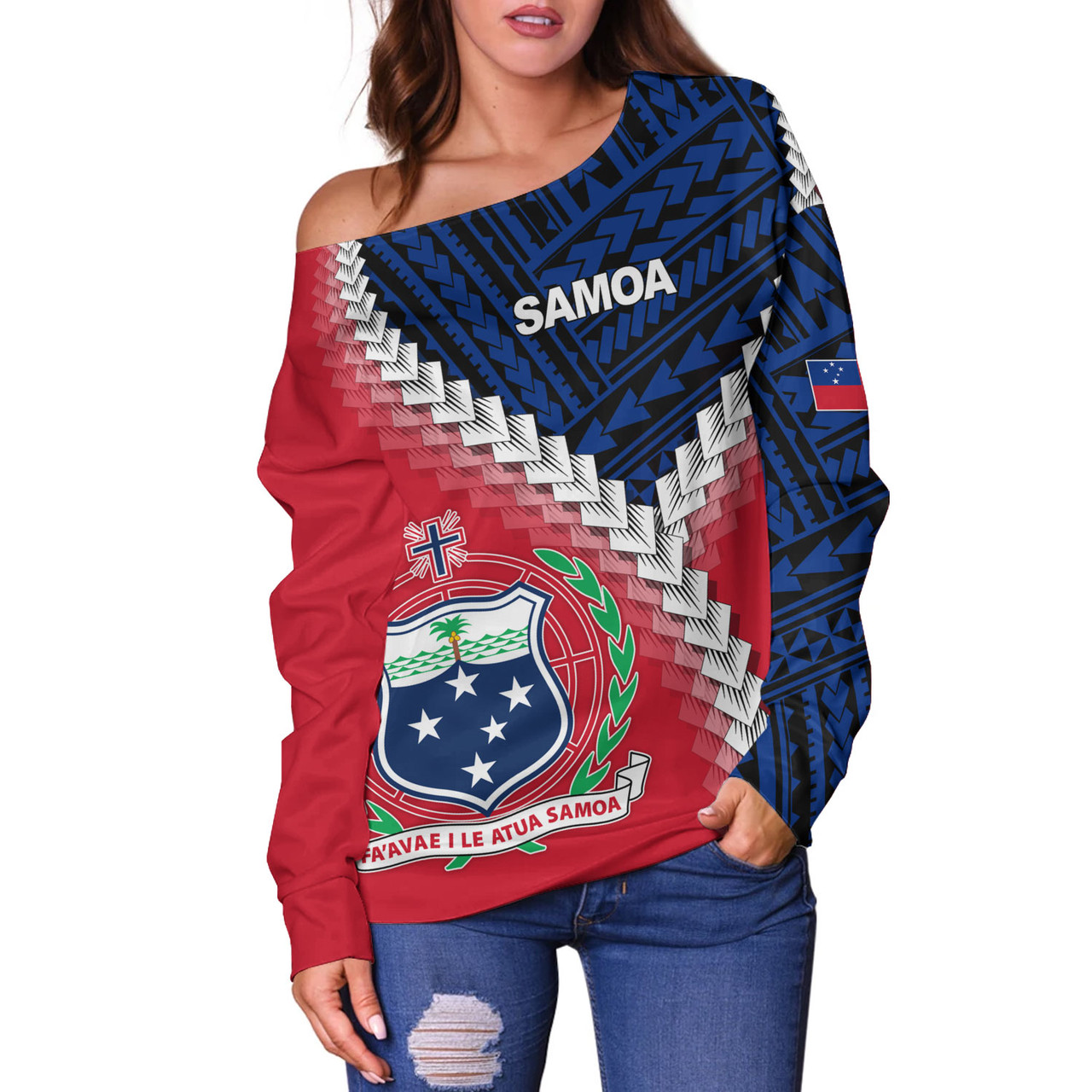 Samoa Off Shoulder Sweatshirt Samoa Coat Of Arms With Polynesian Tattoo Flag Style